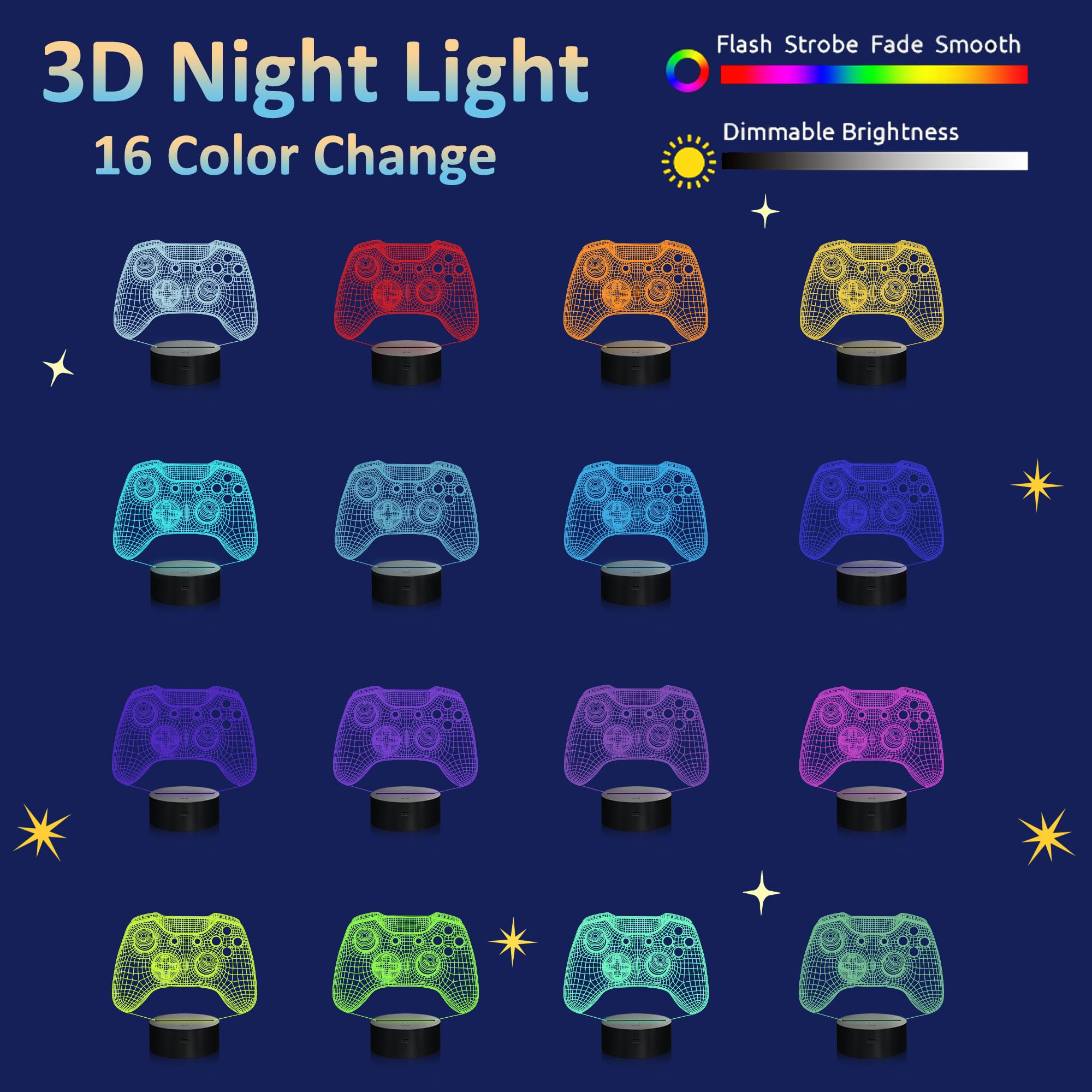Attivolife Gamepad 3D Illusion Lamp, Controller Night Light With Remote Control + Timer 16 Color Changing Desk Lamp Kids Gamer Room Decor Plug In Best Cool Festival Birthday Gift For Boy Men