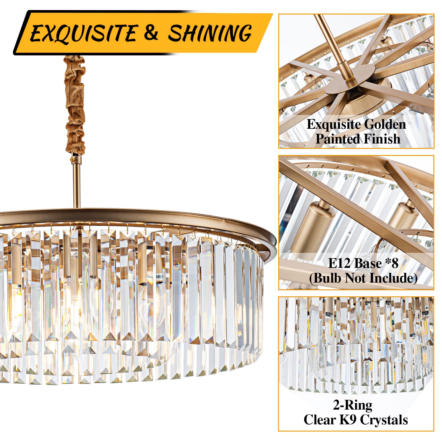 lighceac 23" 8-Light Modern Crystal Chandelier - Gold Metal, 2-Rings, Ideal for Dining Room, Living Room, Kitchen, Bedroom