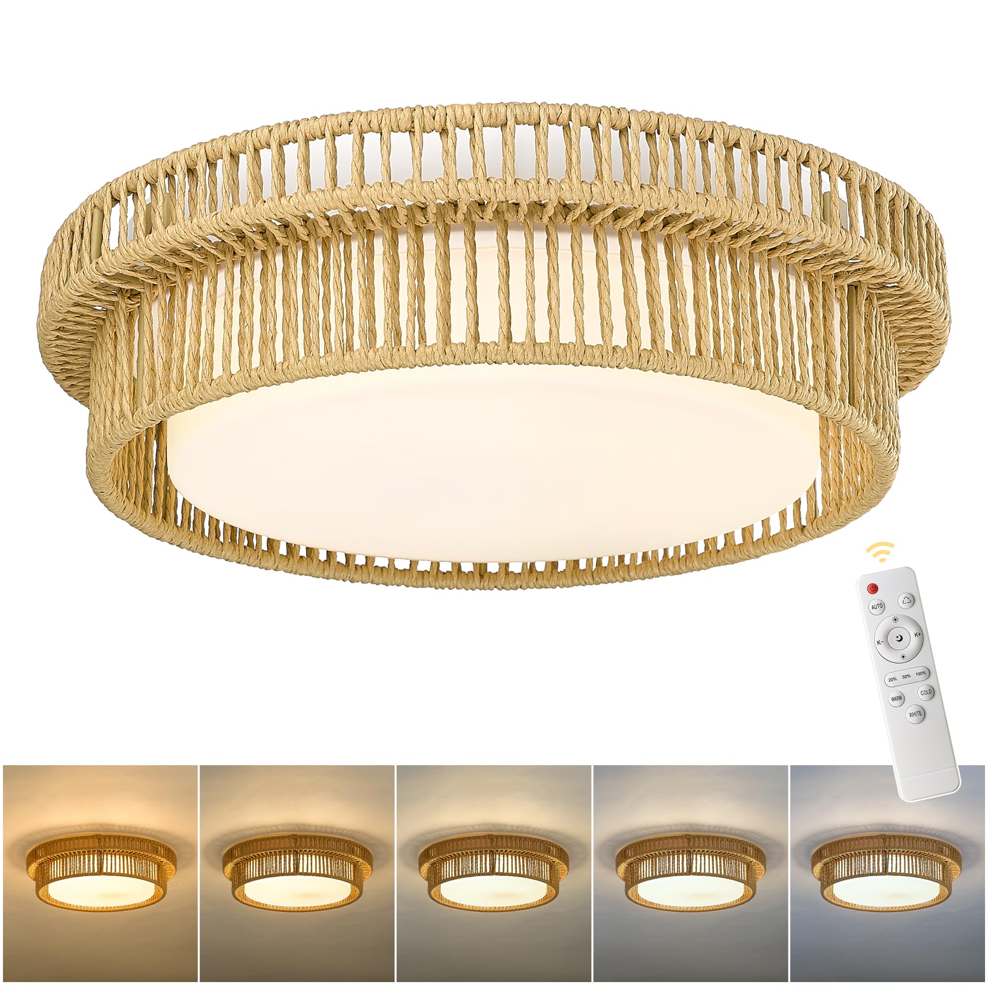 HWH INVESTMENT Boho Ceiling Light Fixture, 18in  Rattan, Remote Control, 36W LED, Beige, Model 5HYS78LF-LED