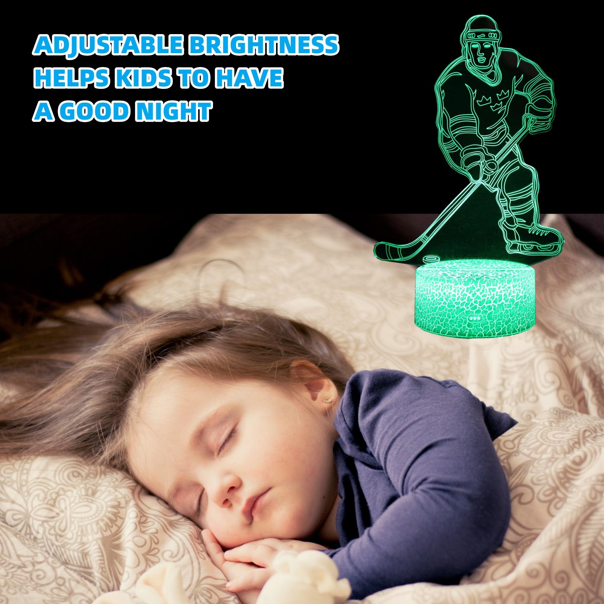 Kenmaca Ice Hockey Player Night Light For Kid Boy Girl Bedroom Decor, 3D Illusion Lamp 3 Patterns 16 Colors Changing Dimmable, T