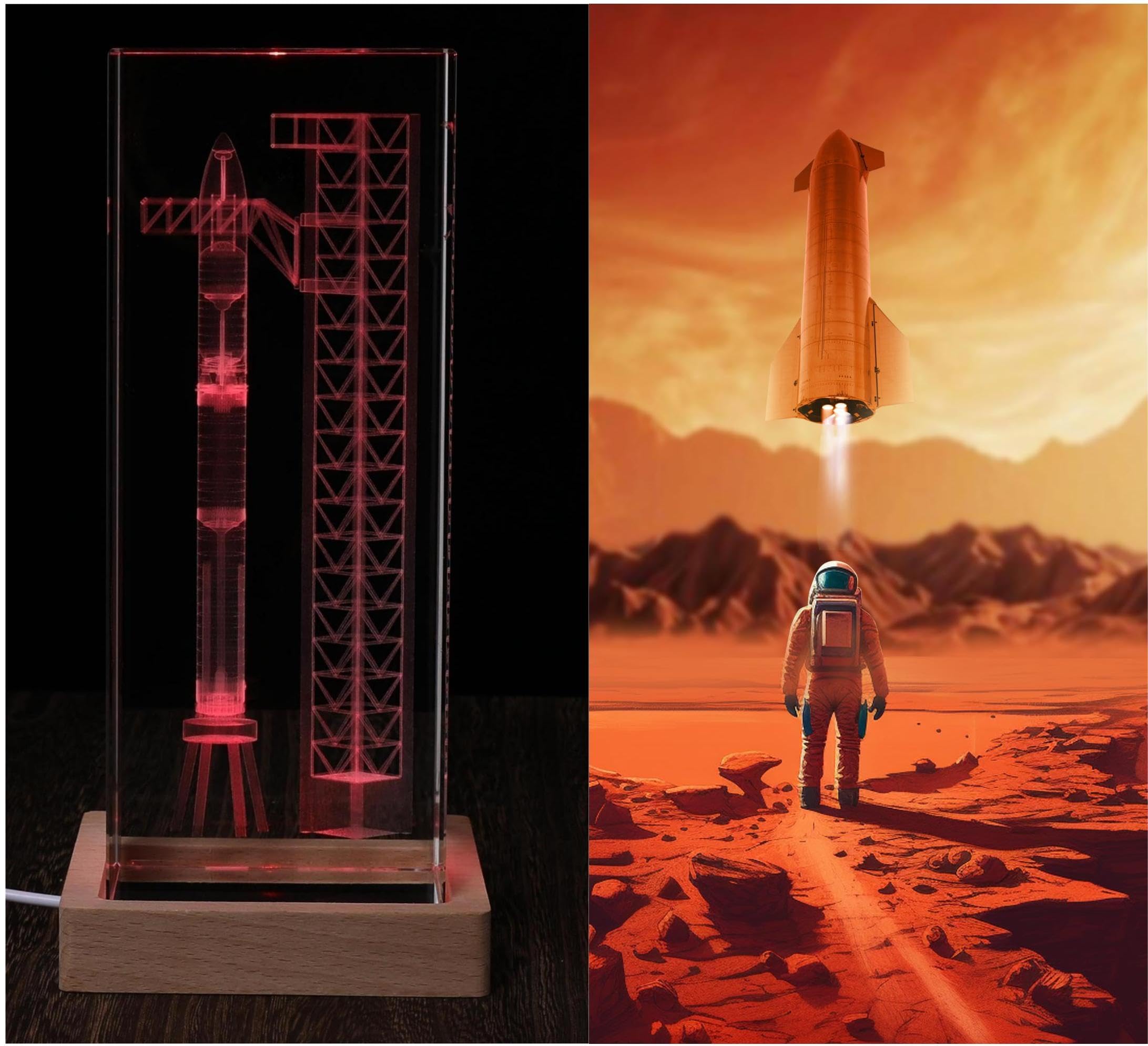 EMGTMS Y&Z SpaceX Starship Crystal Lamp, 3D Laser-Etched Night Light, Large, Multicolor, Model A12-1