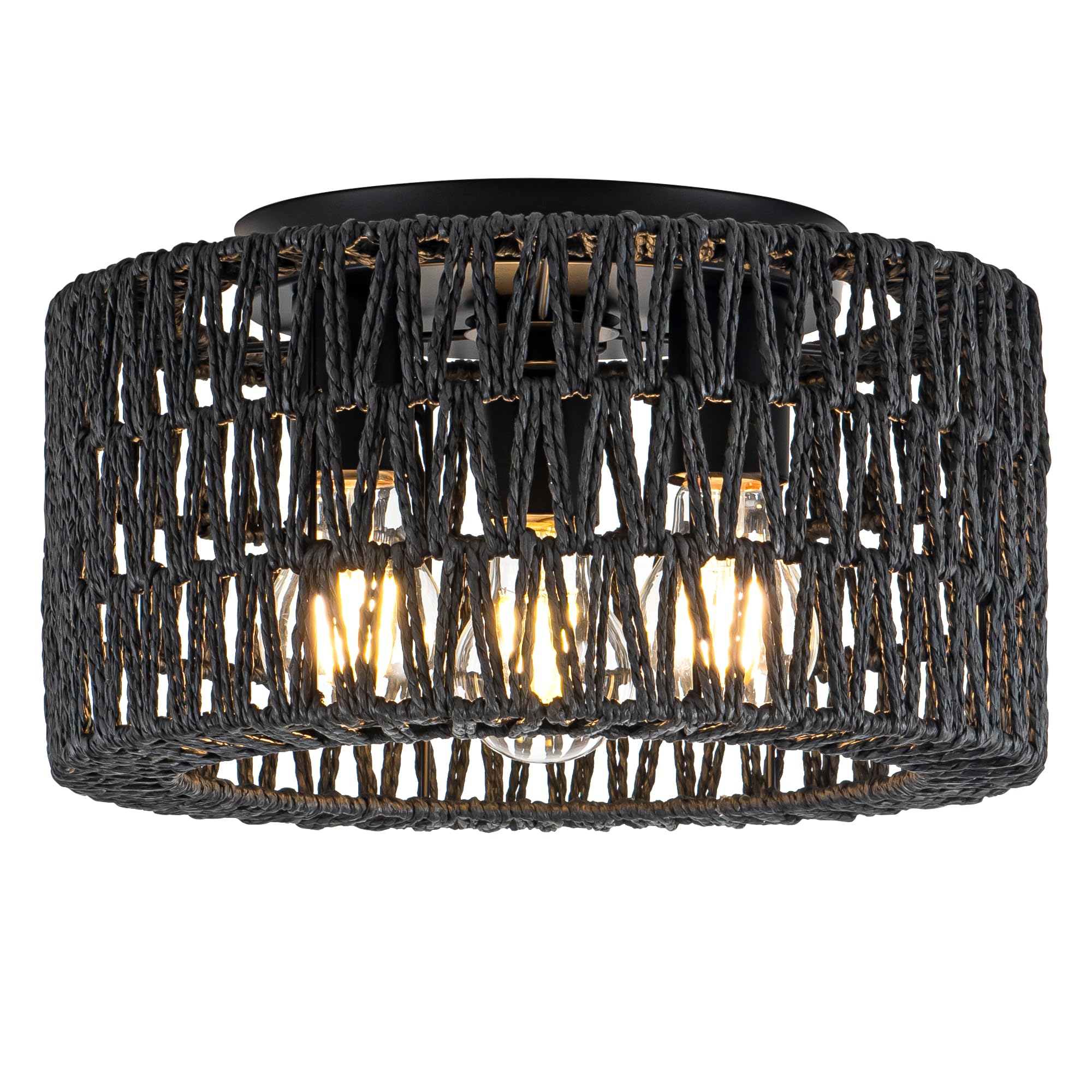 Rattan Ceiling Light Fixture, 3-Light Bohemian Modern Woven Ceiling Light, Black Boho Flush Mount Ceiling Light for Bedroom Livi