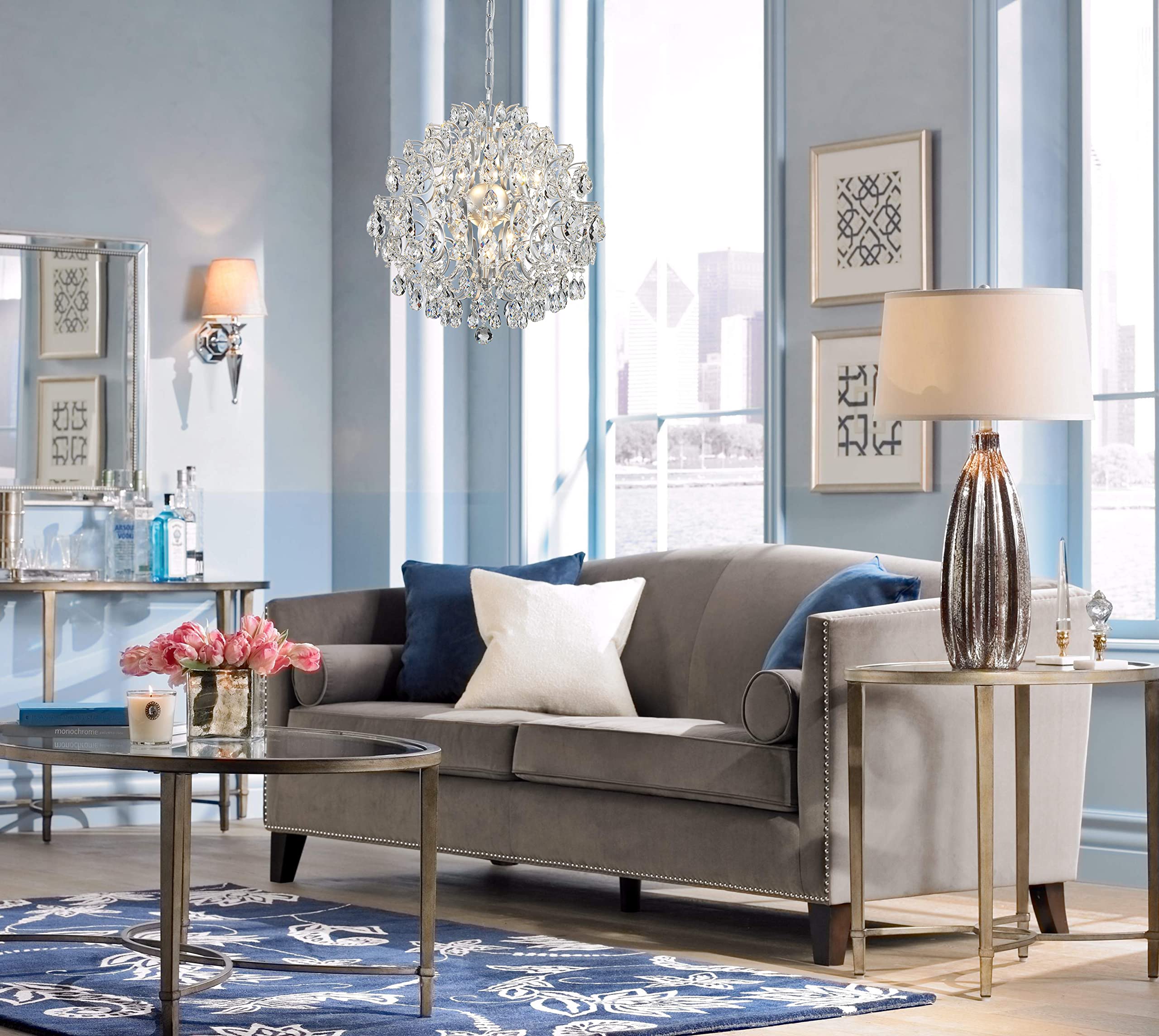 Bestier Silver Modern Pendant Chandelier Crystal Raindrop Lighting Ceiling Light Fixture Lamp For Dining Room Bathroom Bedroom L