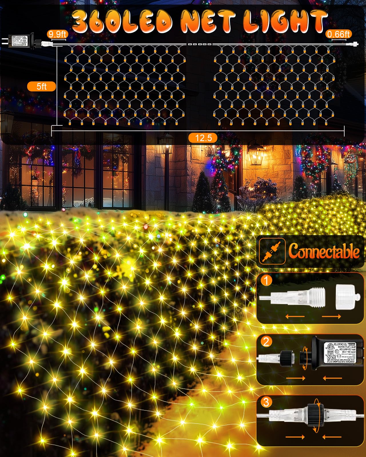 12Ft X 5Ft Christmas Net Lights, 360 Led Net Lights With 8 Modes, Connecable, Timer, Waterproof Christmas Lights Outdoor Bush Me