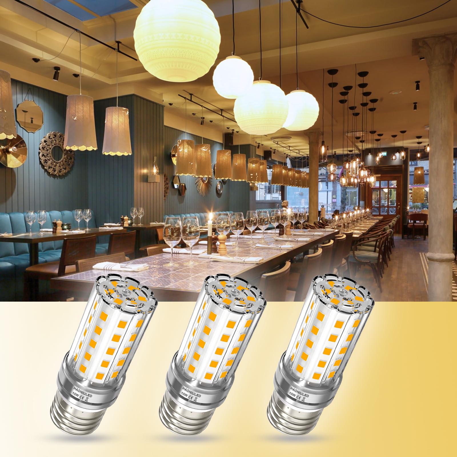 HAONIULED E26 LED Corn Light Bulb, 10W, Warm White 2700K, 1100 Lumen, Non-Dimmable, 3 Pack, Ideal for