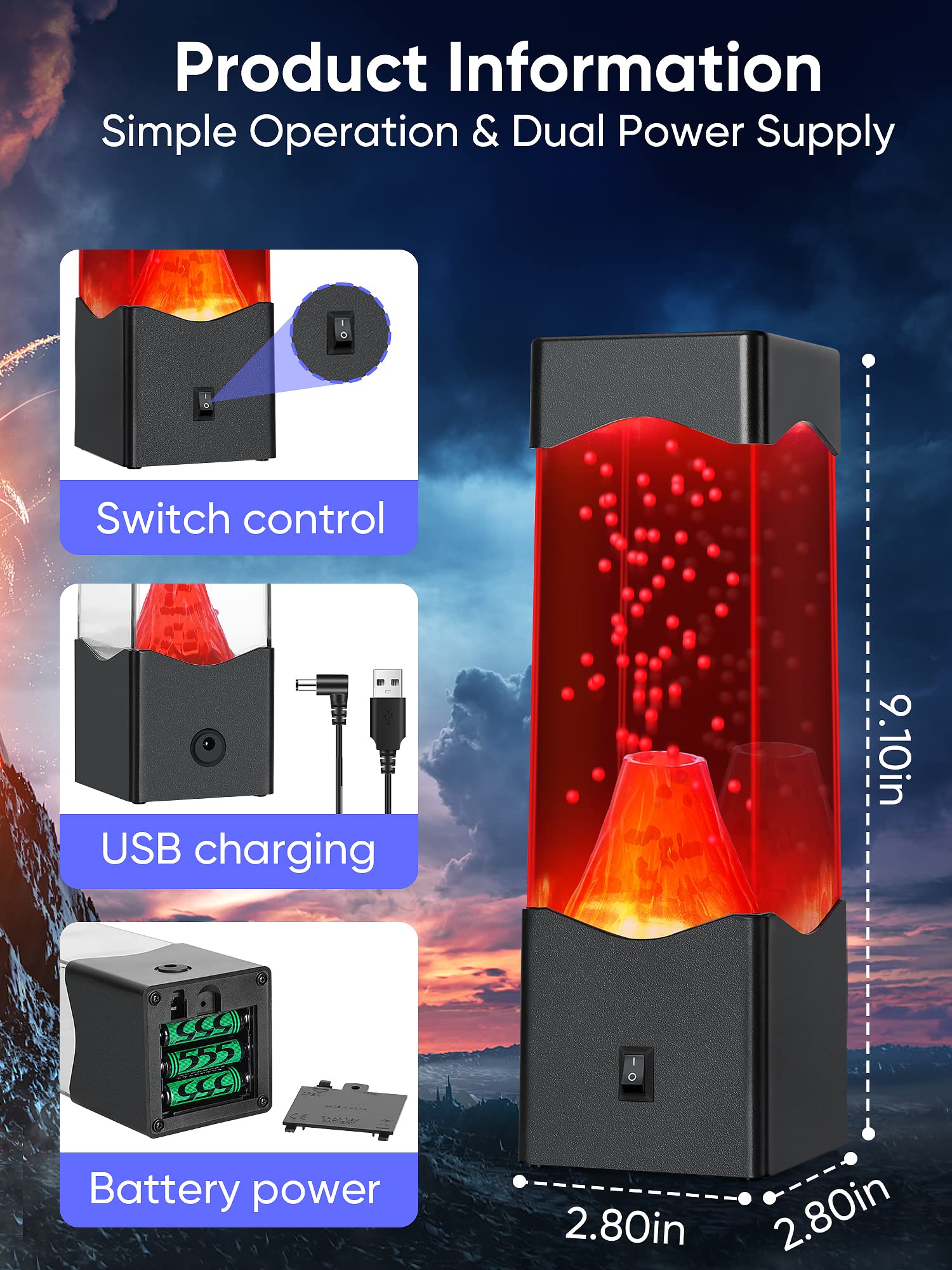 TNOIE Volcano Lamp - Realistic USB Powered Night Light, 9.1x2.8 inches, Black - Unique Sleep Decor for Kids & Adults
