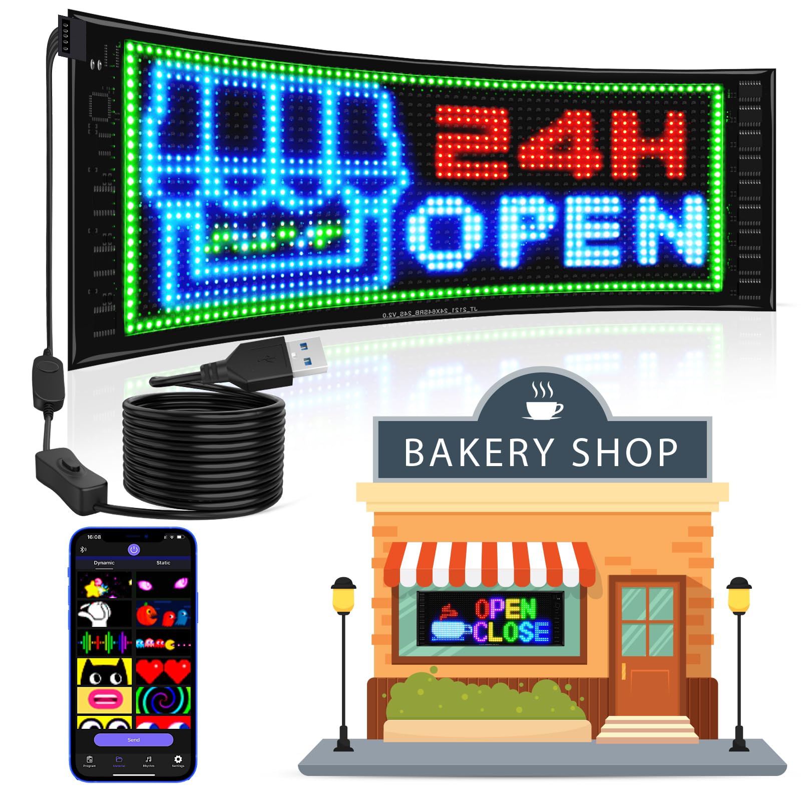 Rayhome Full Color Double Row Scrolling Led Light Sign, 17''X6.3'' Flexible 5V/2A Bluetooth App Control Led Signs Custom Text Message Pattern Programmable Led Display For Car Store.