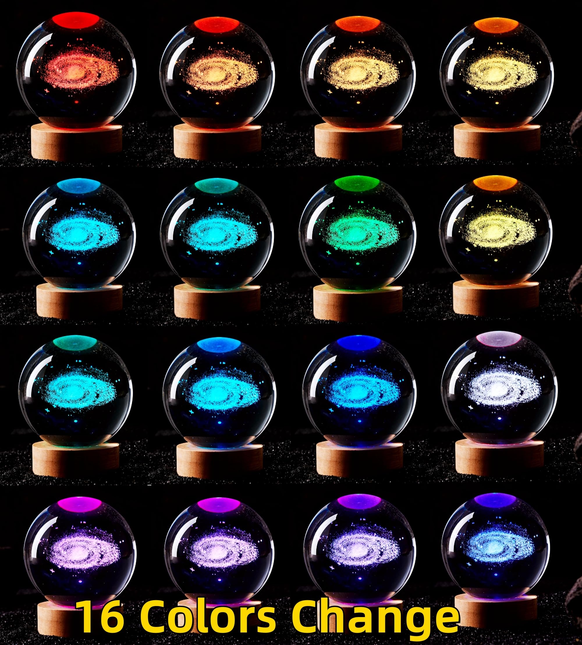 3D Galaxy Crystal Ball Lamp, Upgraded 3.15 Inch Galaxy Crystal Ball Night Light With 16 Colors Led Wooden Base, Remote Control,