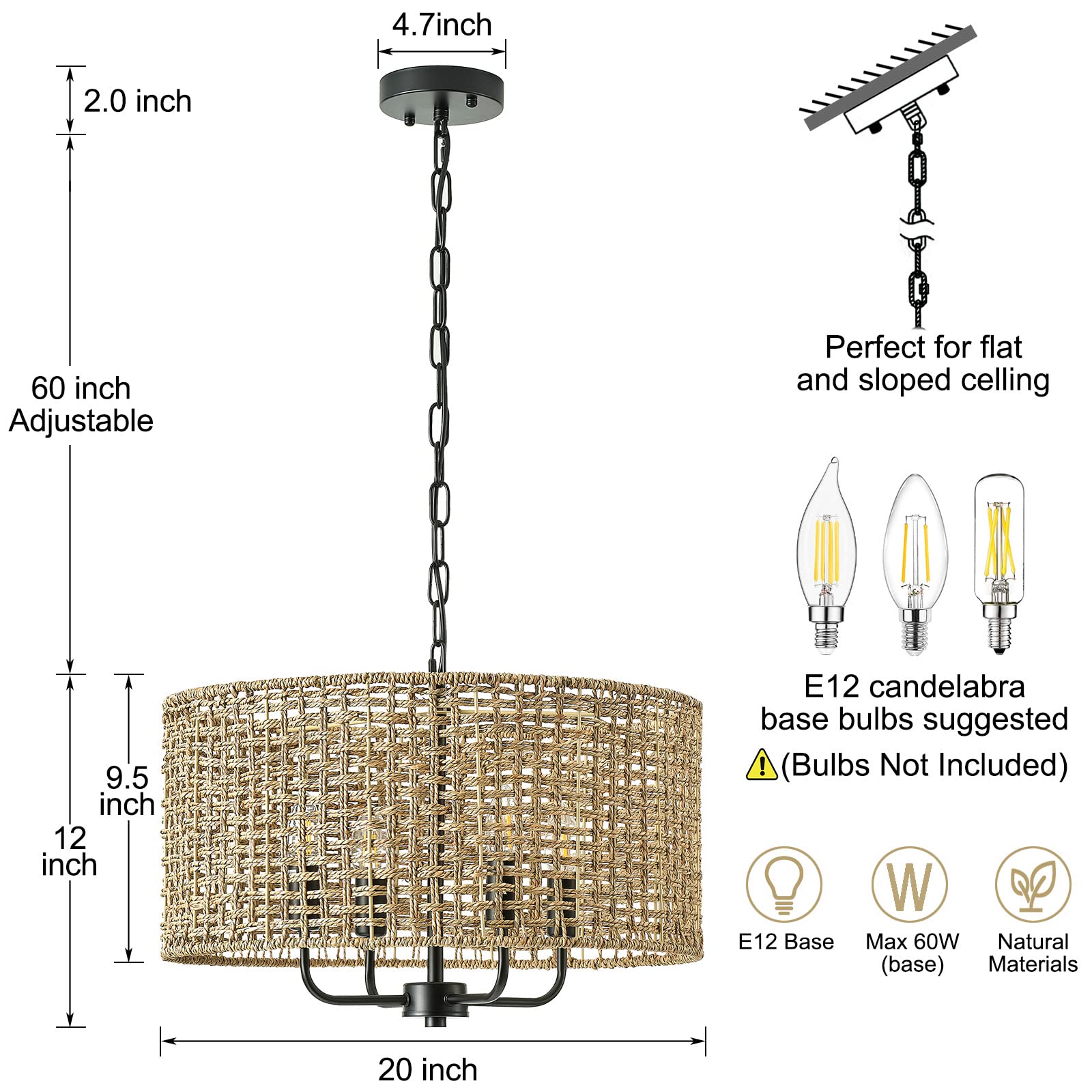 Giutna Rattan Wicker Drum Chandelier, 4-Light Hand-Woven Pendant Light, 20" Black Farmhouse Fixture for Dining Room, Entryway, Living Room