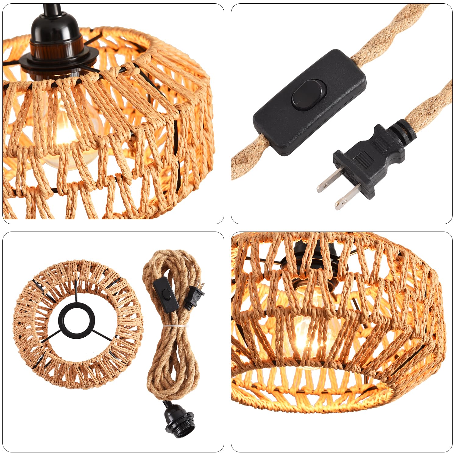 IHENGYANLT 2 Pack Rattan Plug-in Pendant Light, Hand Woven Mini Ceiling Lamp, Metal, Boho Style, Model C1220Z