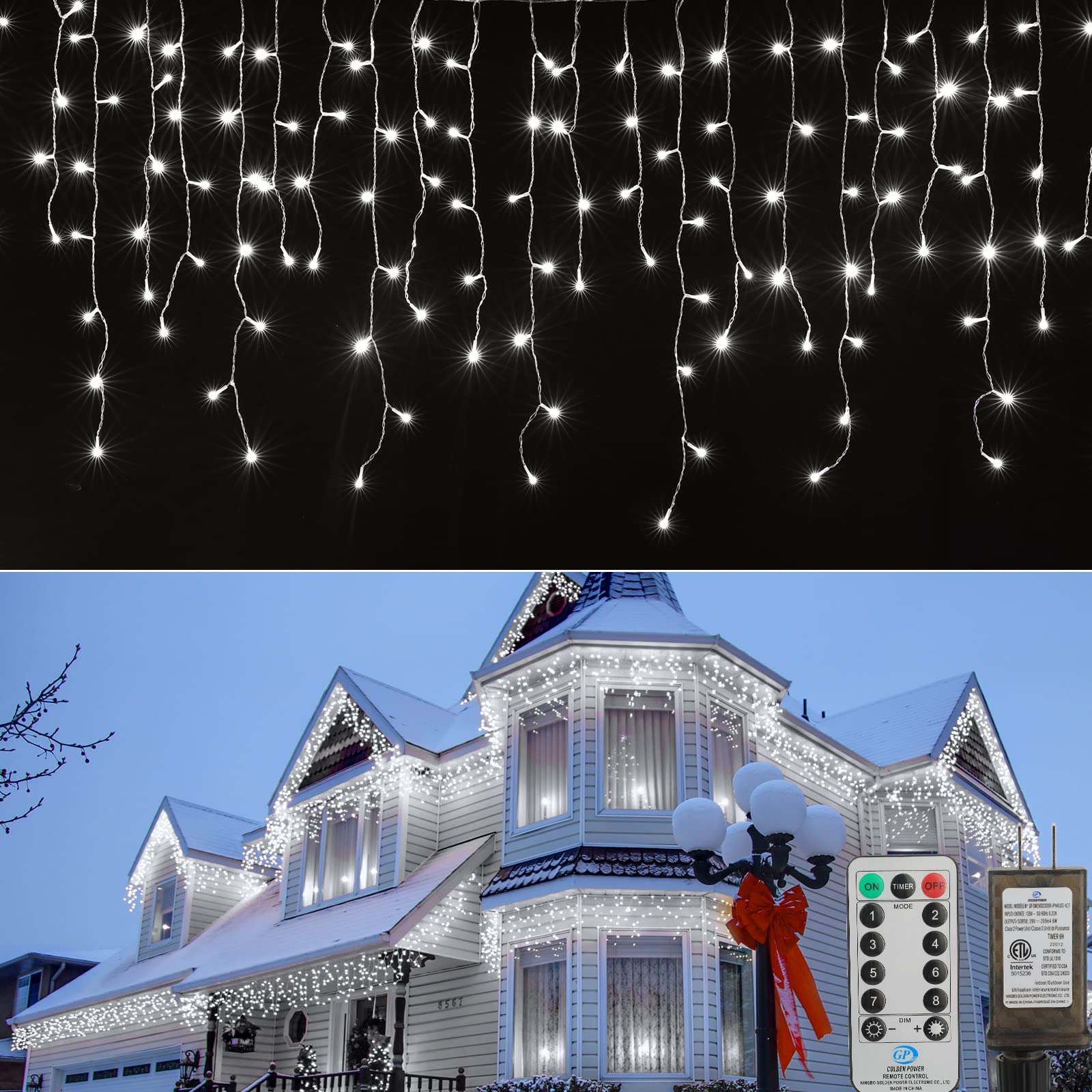Brightown Christmas Icicle Lights, 33 FT, 384 LED, 8 Modes, Waterproof, Pure White, Model JT-EL/FC300V0300-D1