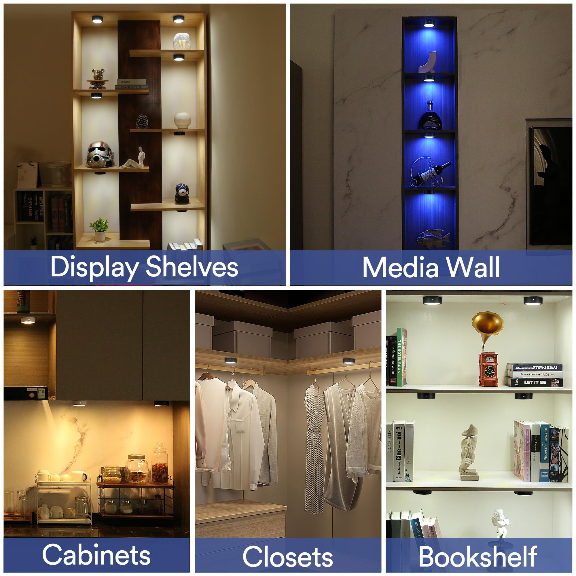 Tecomlight Puck Lights With Remote Control, Battery Powered Wireless Under Cabinet Lighting, Rgbcw Stick On Push Lights, 6 Pack