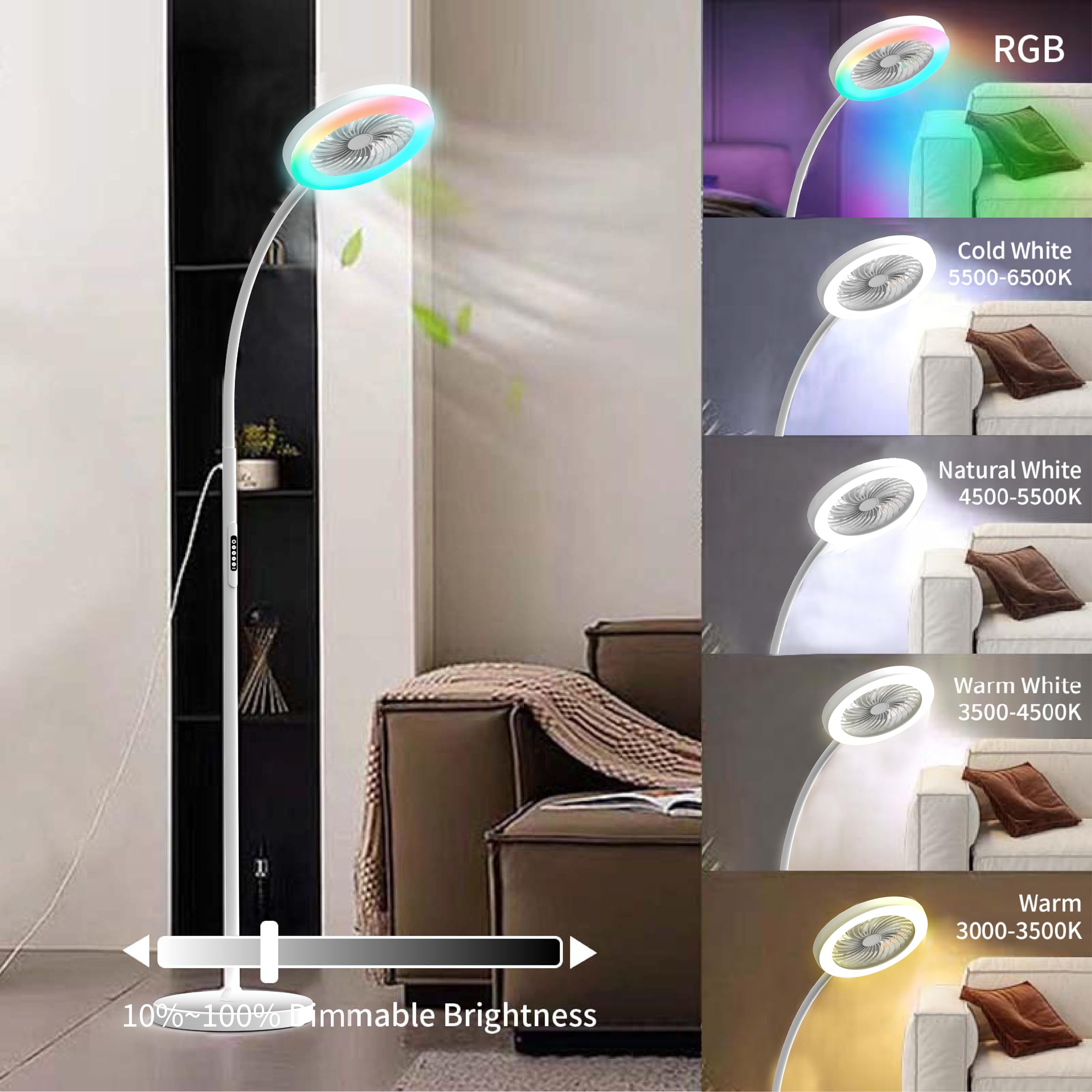 ONIDEK LED Floor Lamp with Fan & RGB Light, Adjustable 3000K-6000K, Remote Control, White, Model LDFS