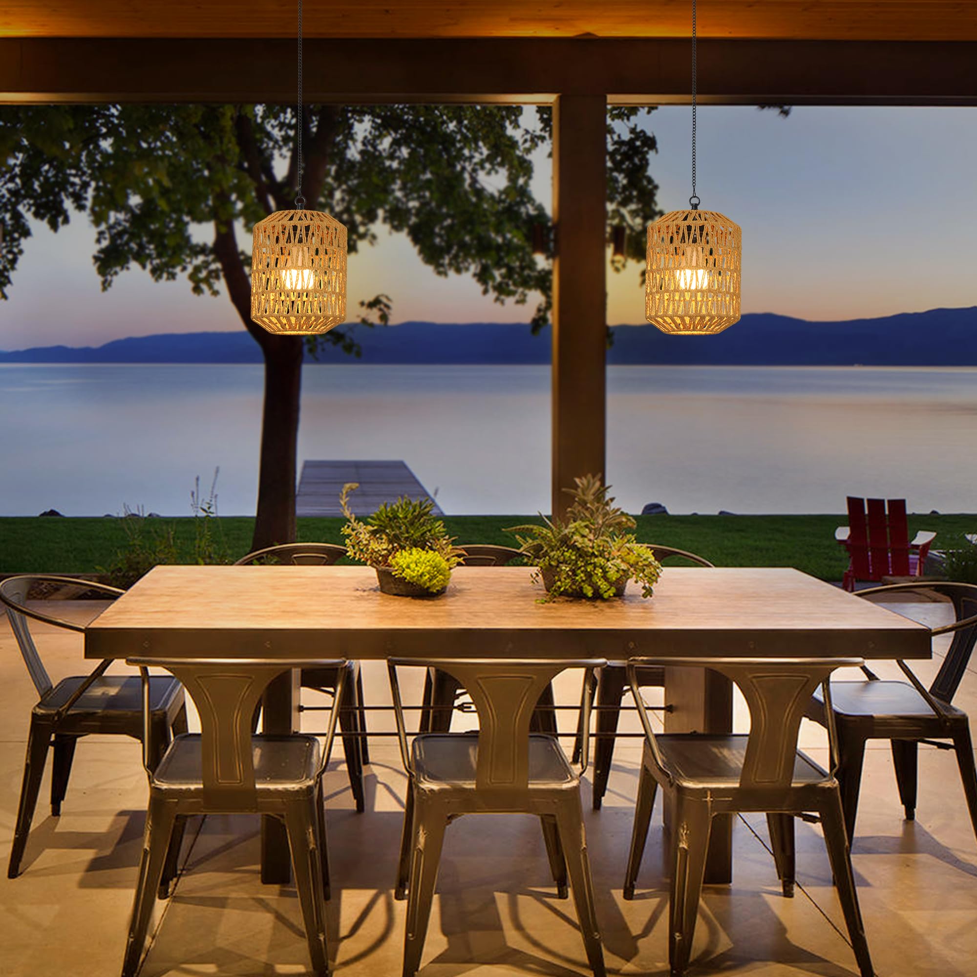 HMVPL Battery Operated Chandelier, Rattan Pendant Light with Remote, Brown, 2 Pack