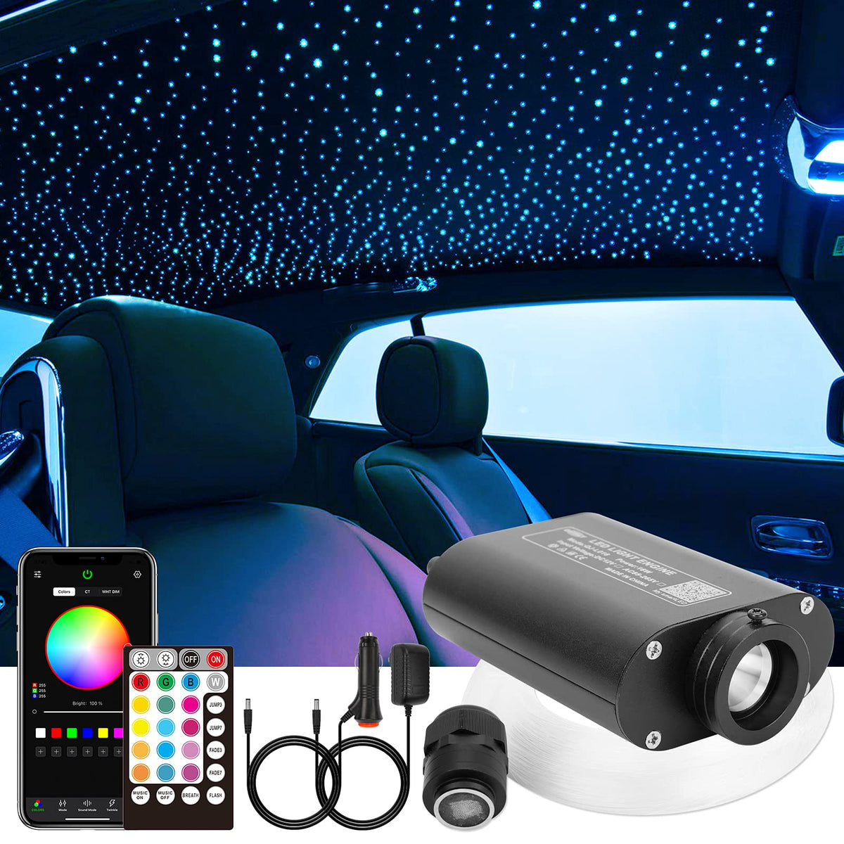 Chinly 16W 650Pcs 0.03In 13.1Ft Fiber Optic Lights Star Ceiling Headliner Light Kit, App Car Use Bluetooth Rgbw Led, Remote Musi