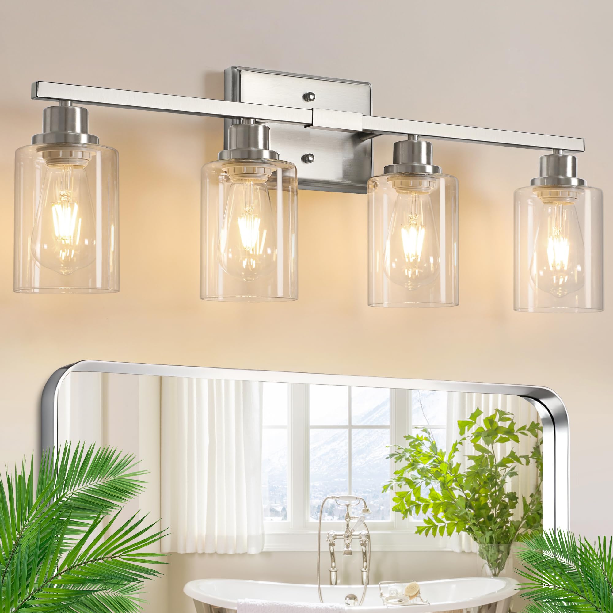 Ascher Bathroom Light Fixtures  4-Light Vanity Lights with Clear Glass Shade  Modern Brushed Nickel Wall Light for Mirror Bedroom Hallway Cabinet Porch