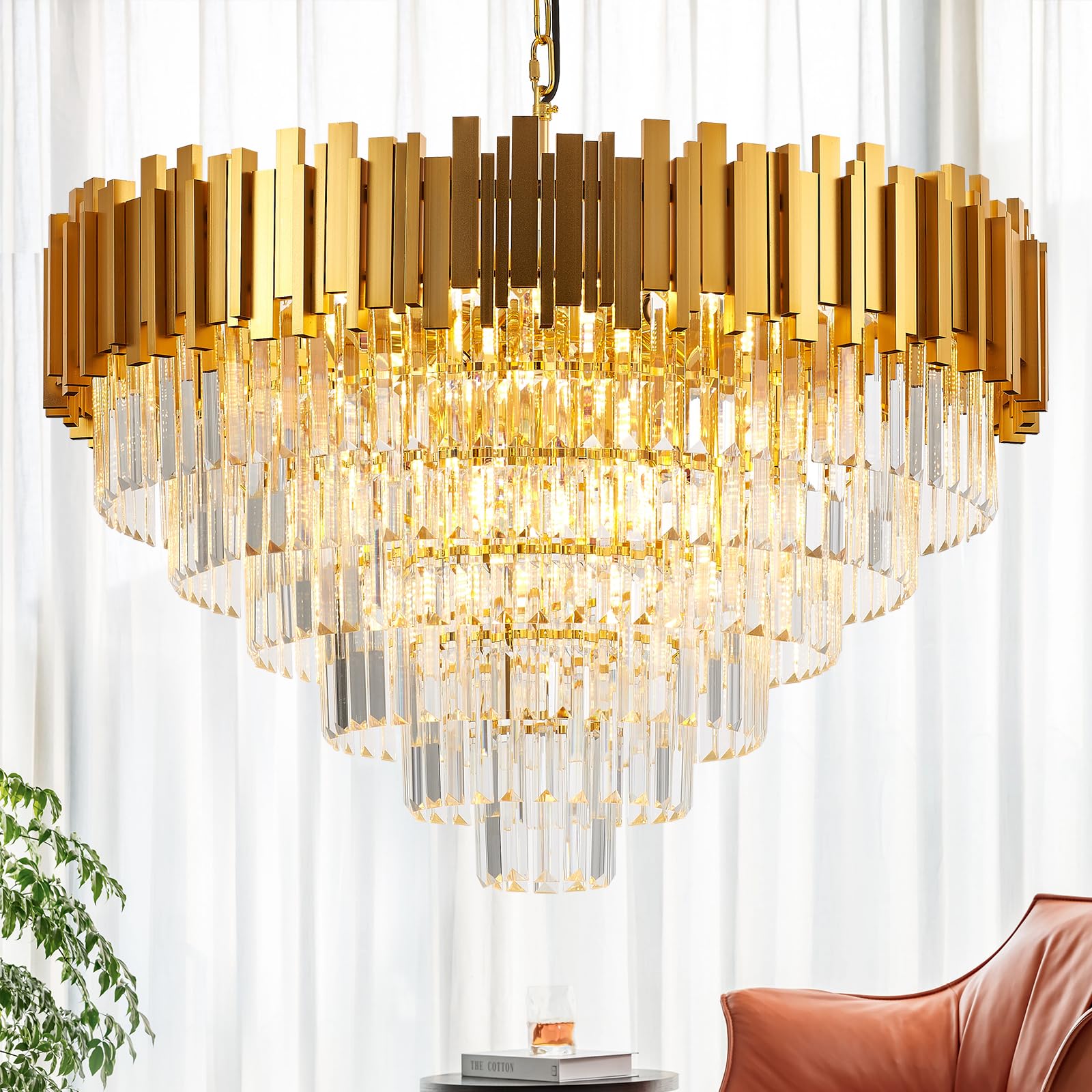 Brfaixla 18-Lights 6 Tiers Gold Crystal Chandeliers stylish 31.5 Modern Crystal Pendant Chandelier Round Hanging Lighting For Living Room Foyer High Ceiling Bedroom Restaurant