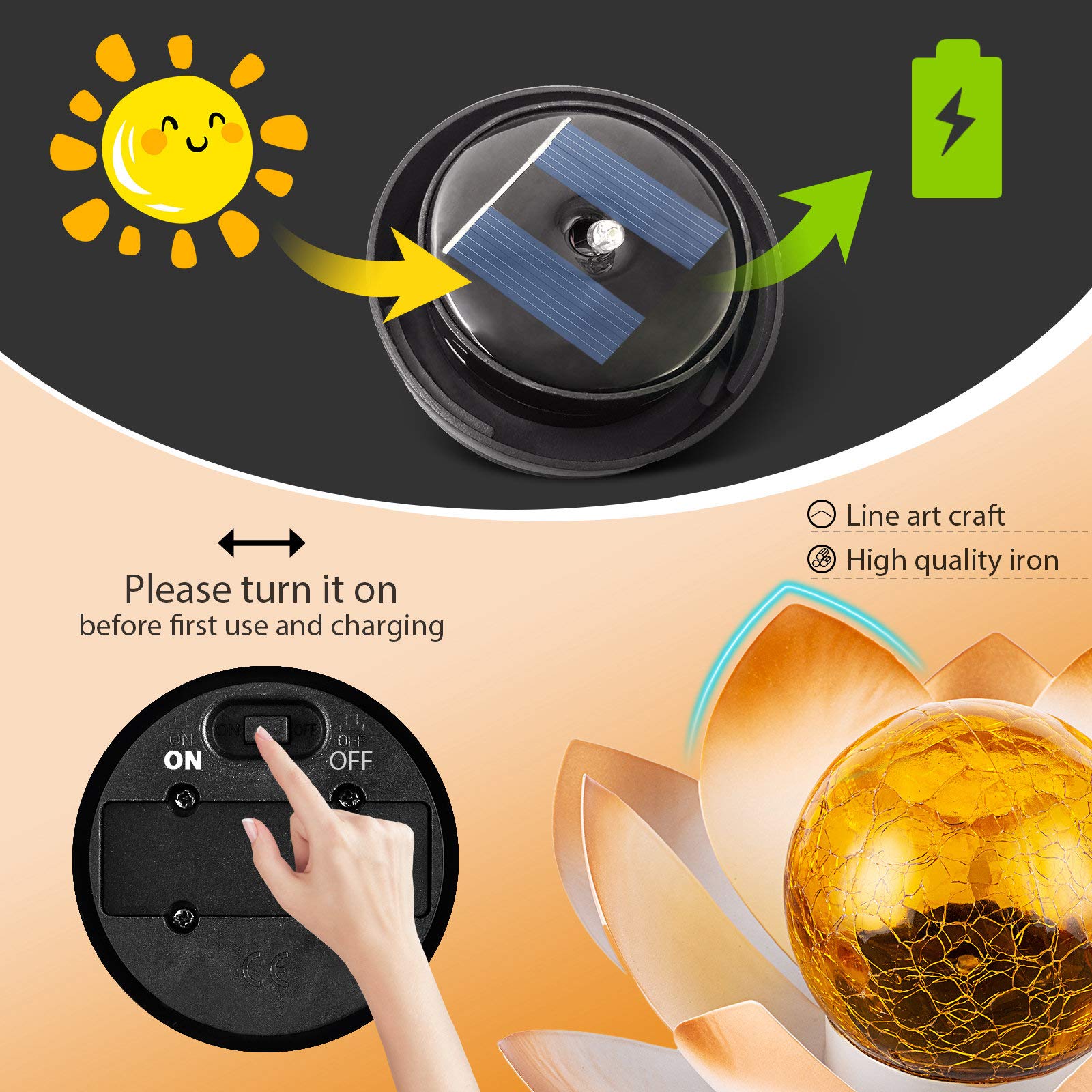 Huaxu Solar Lights Outdoor Garden Decorative Art Metal Lotus Cracked Glass Ball Waterproof Decorations for Pathway Lawn Patio Ya