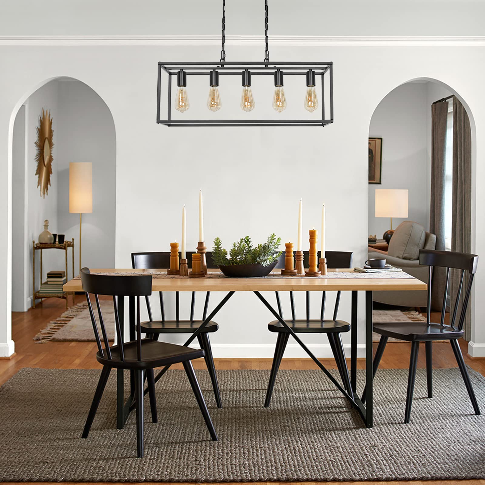 Black Farmhouse Plug In Kitchen Island Lighting  Industrial Modern 5-Light Linear Chandelier With 17.5Ft Cord  Rectangular Light Fixtures For Dining Living Room Bar