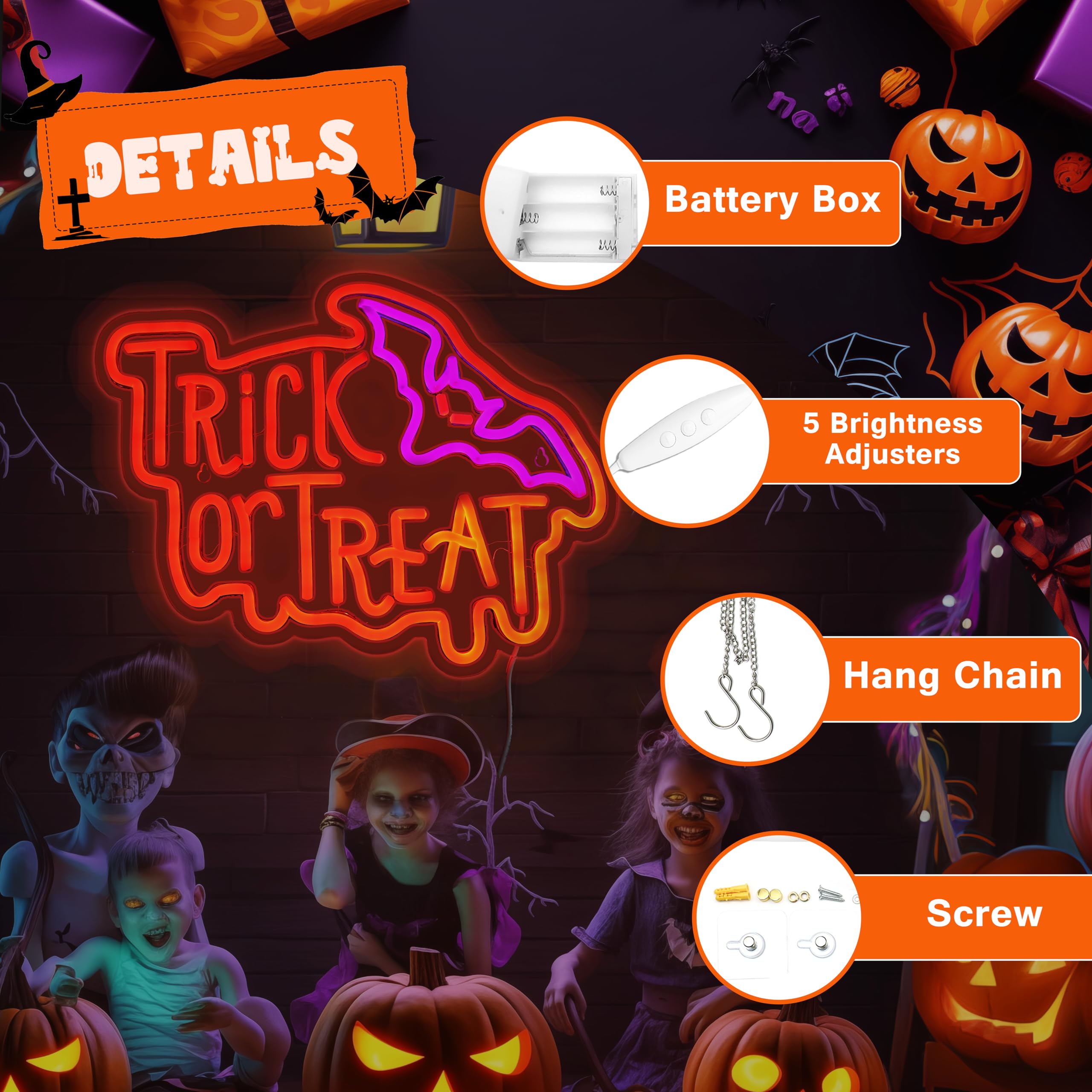Shellvcase Halloween Neon Sign, Trick or Treat Light, Battery/USB Powered, Adjustable Brightness, 14.9 x 11.6 inches, Acrylic