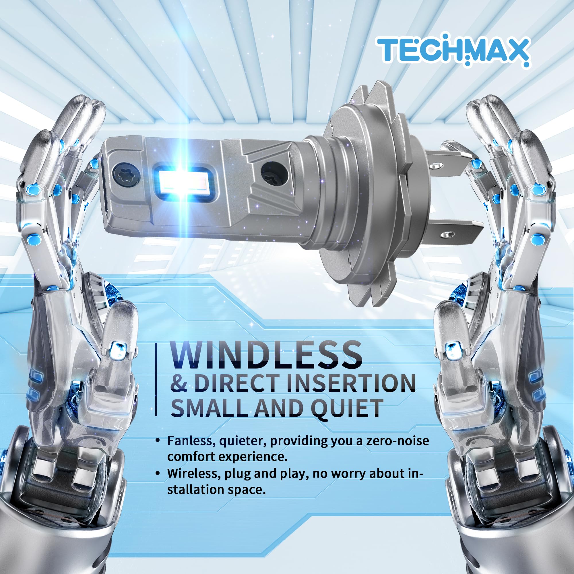 TECHMAX H7 Light Bulb - 6500K Xenon White, 600% Bright, Fanless Design, Pack of 2, Gray Aluminum