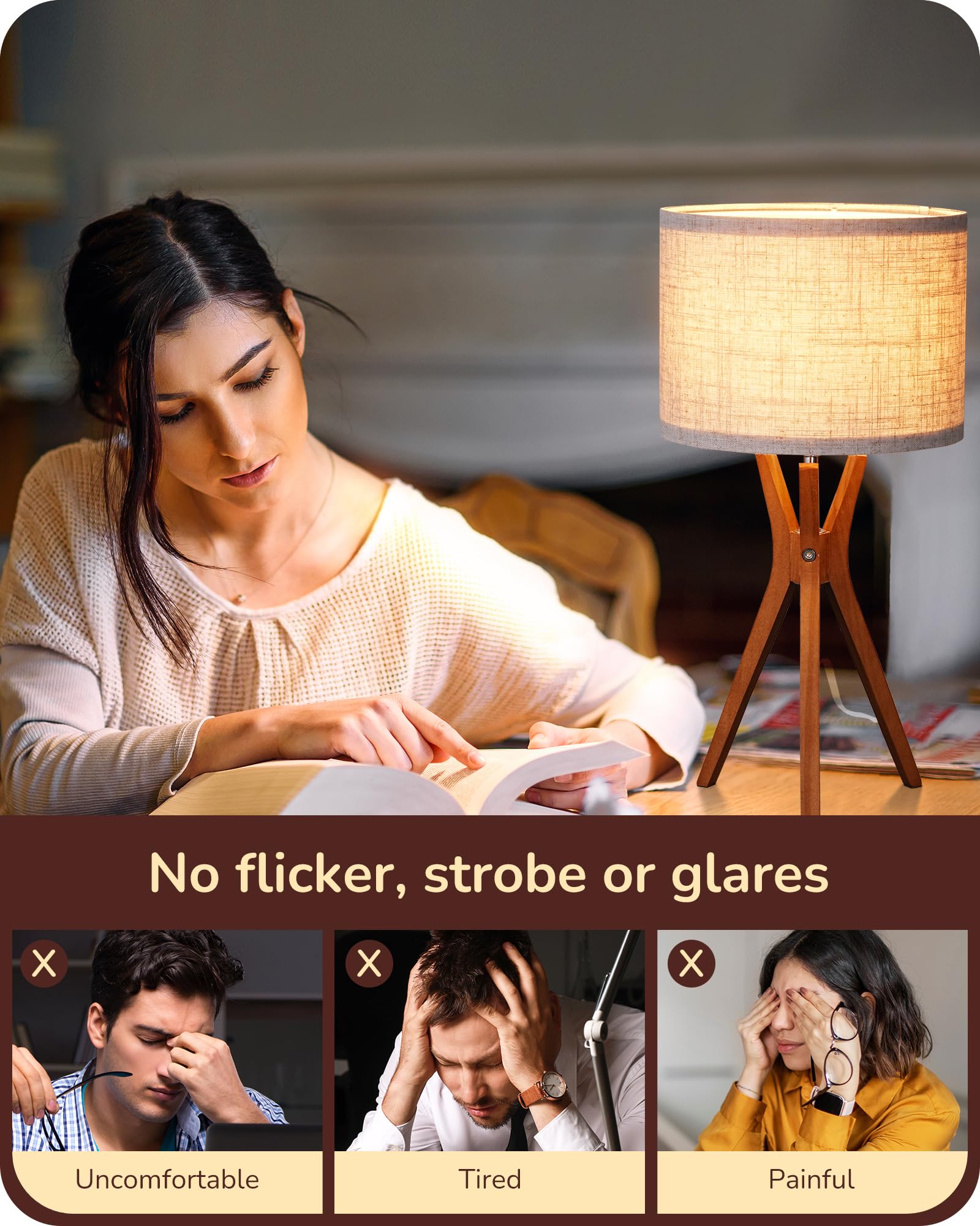 Edishine Mid Century Tripod Table Lamp - Dark Wood Base & Beige Linen Shade, 17.5&quot; Nightstand Lamp