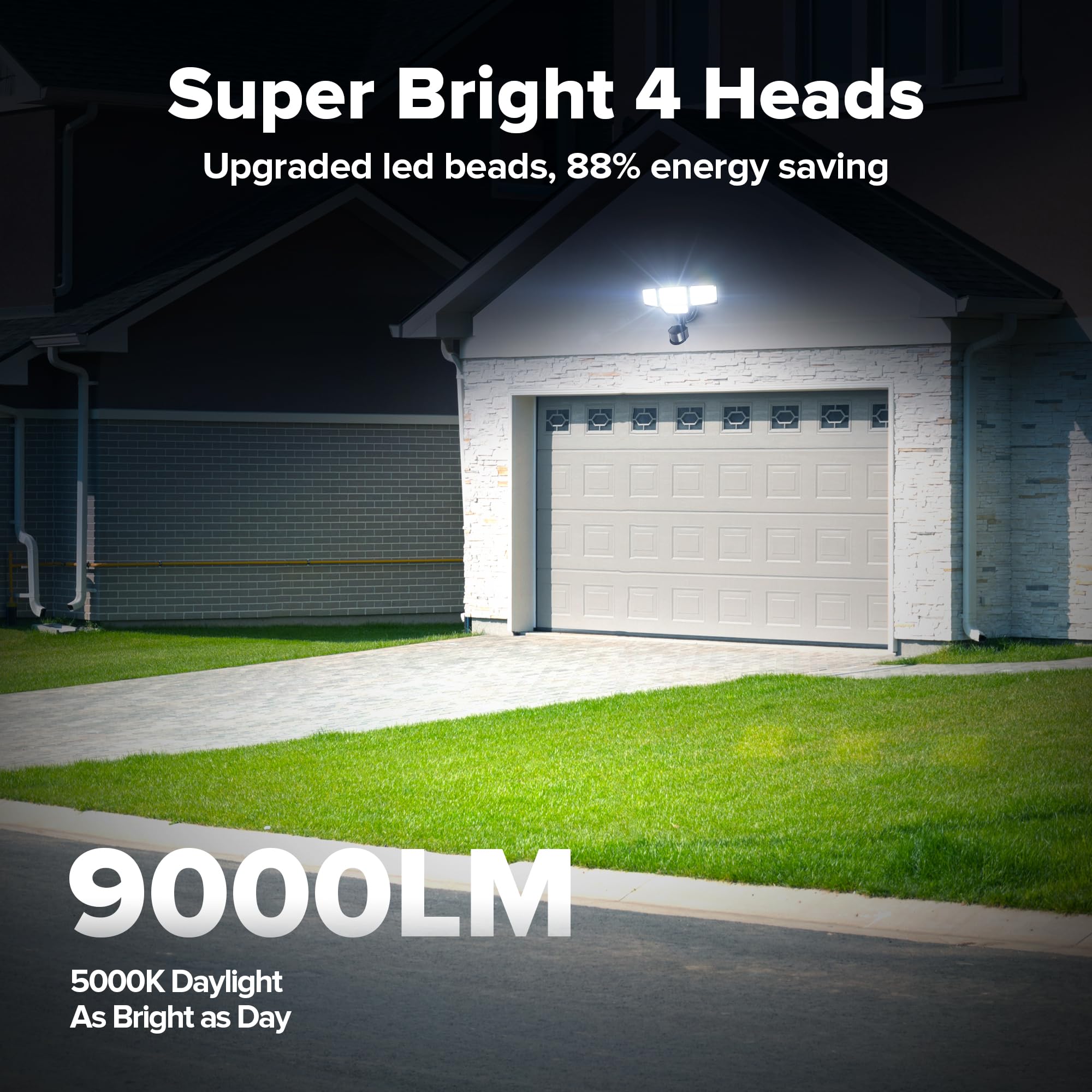 LUTEC 80W LED Security Light with Motion Sensor, 9000LM, IP65 Waterproof, 4 Head Flood Light, Black, Model 7632816012