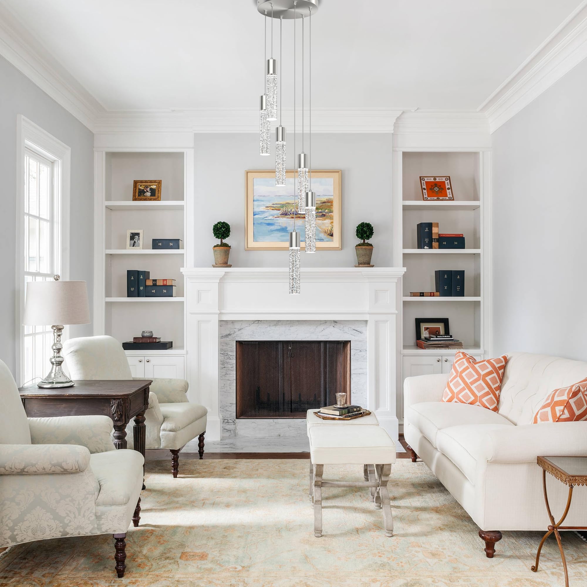 Esfos Pendant Lights Kitchen Island 6-Light, 6500K Modern Kitchen Island Lights Ceiling Lighting Fixtures With Crystal Bubble, I