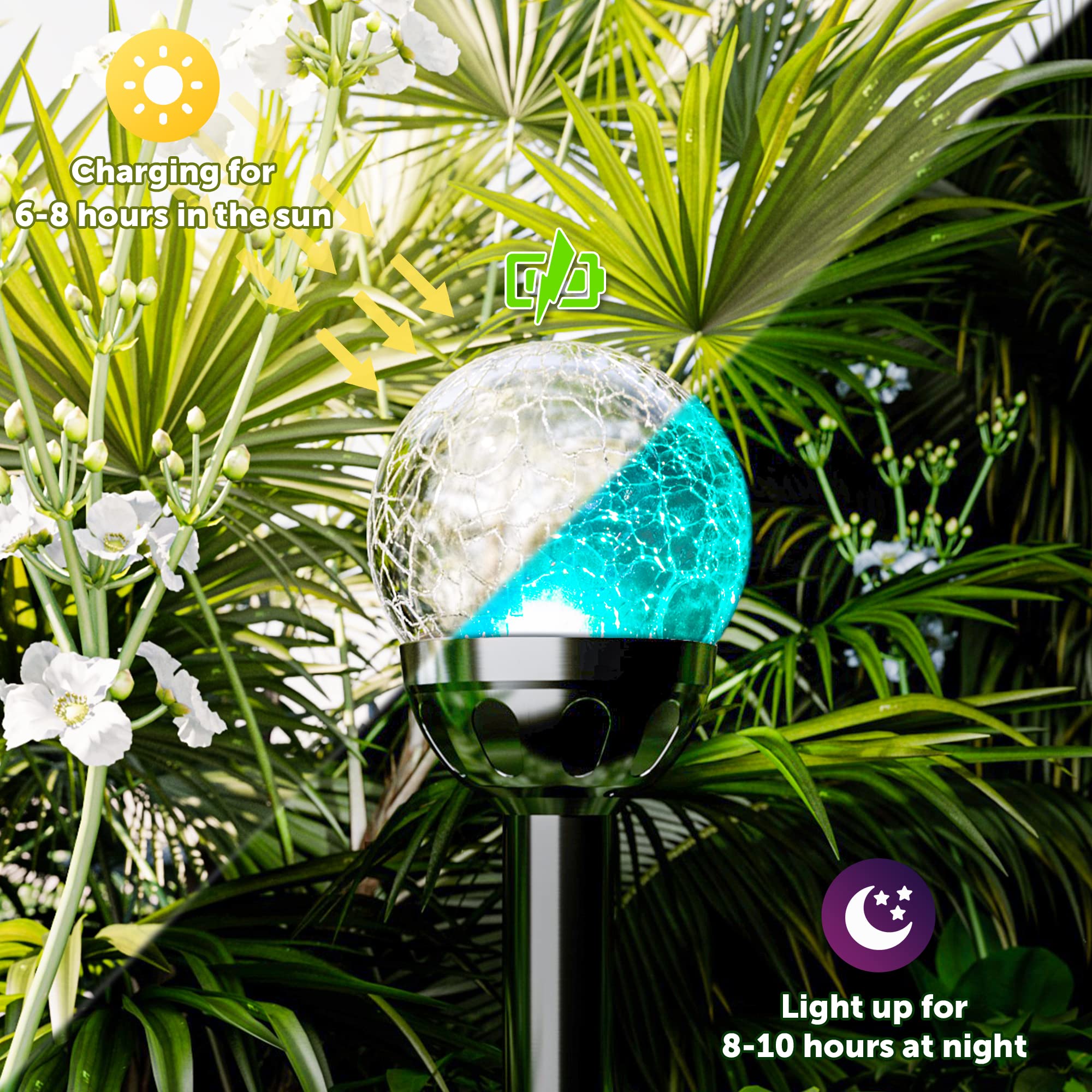 GIGALUMI Solar Garden Lights, 3 Pack Color Changing Cracked Glass Ball Path Lights, Stainless Steel Outdoor Decor