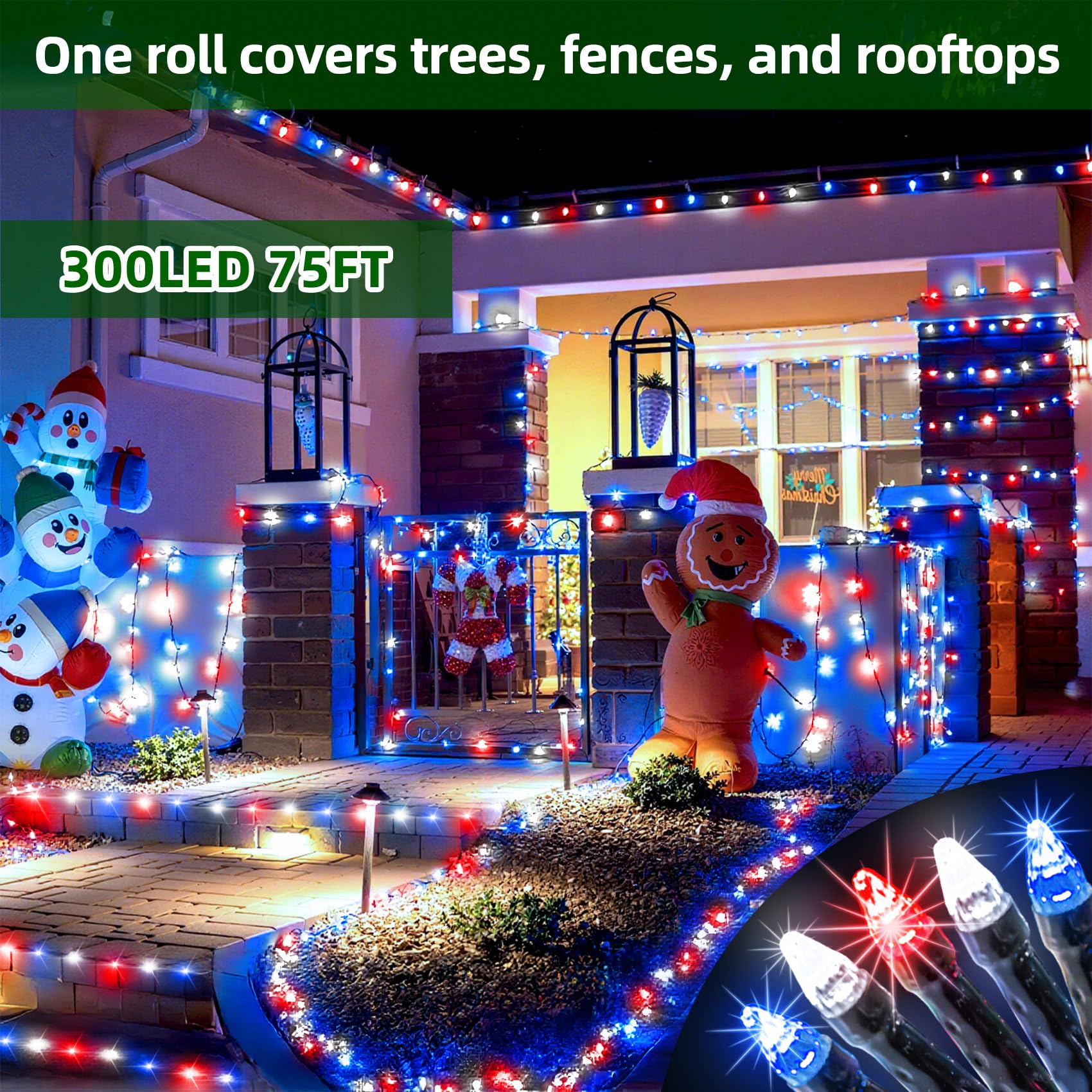 300Led Christmas Lights Outdoor Indoor Use  12 Lighting Modes 75Ft Christmas Tree Lights With Timer  Dimmable Plug In Red White And Blue Led Stringlights Waterproof For Yard Tree Wedding Party Holiday