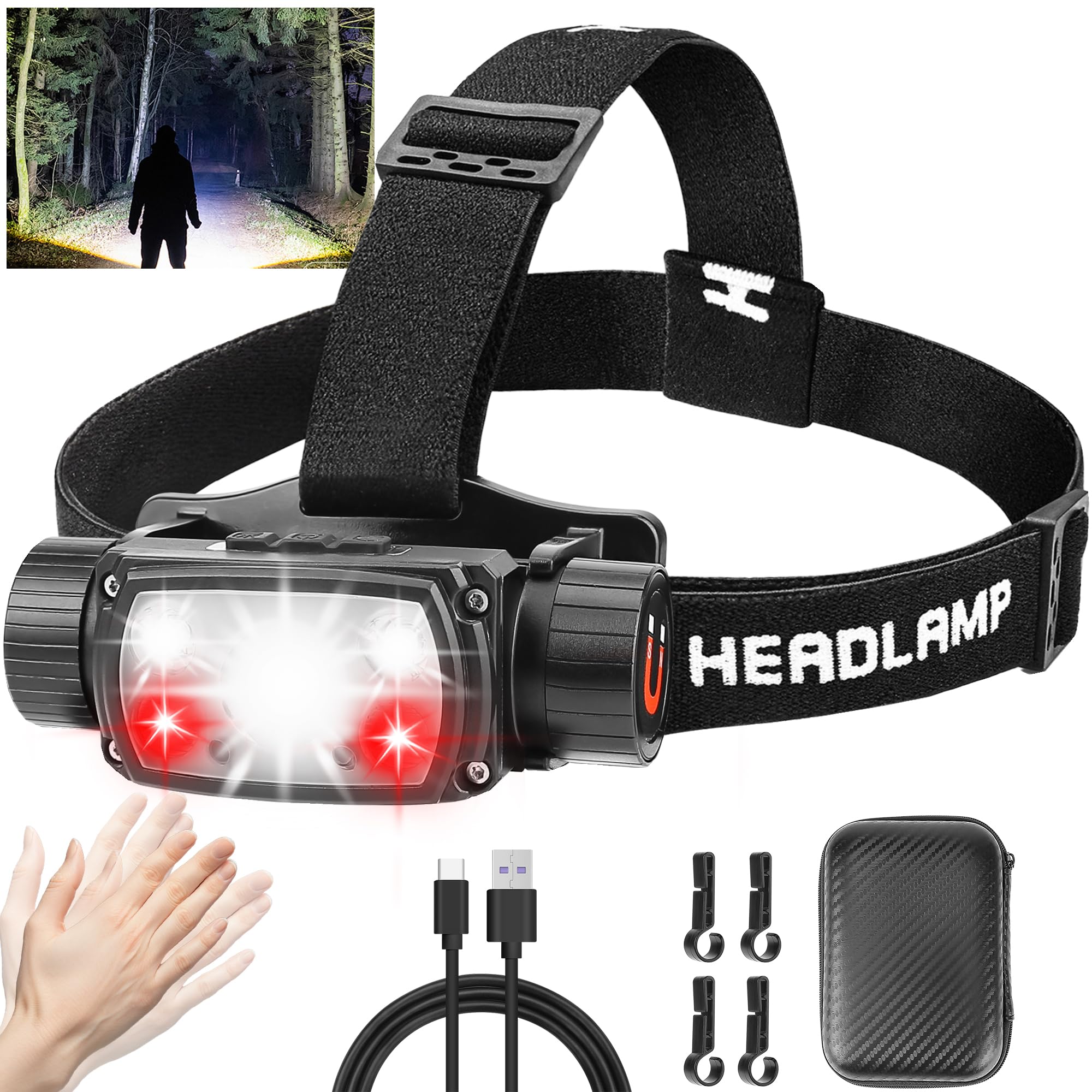 Headlamp Rechargeable, 2000 Lumen Motion Sensor Led Head Lamp With Red Light For Adults, 4000 Mah Battery Powered Super Bright U