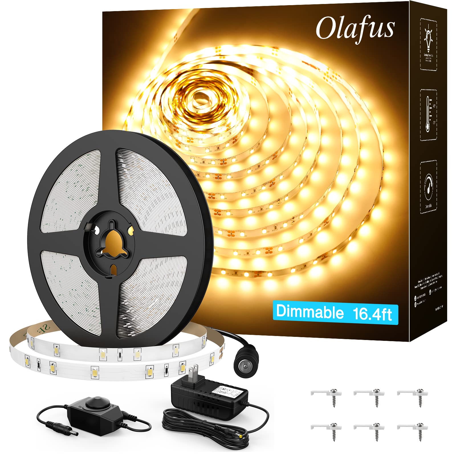 Olafus 16.4ft LED Strip Lights Warm White Dimmable, LED Rope Light Kit 12V Flexible Under Cabinet Lighting Strips, 5m 300 LEDs 2
