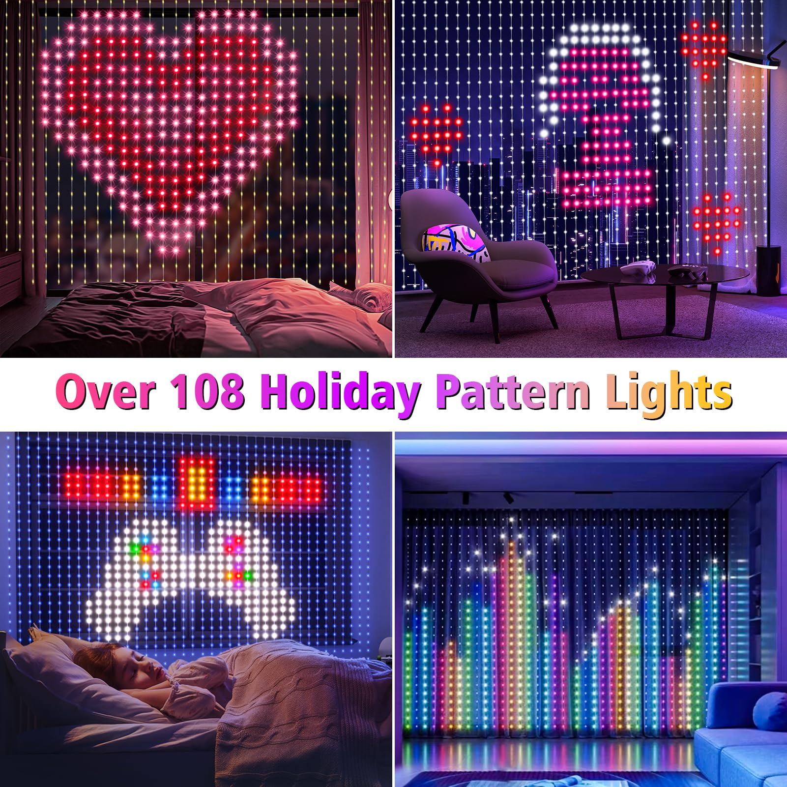 DealBeta Smart Curtain Lights, 20Ft x 10Ft, 800 LED, App Remote, Color Changing, Model DMO-410, Indoor/Outdoor Decor