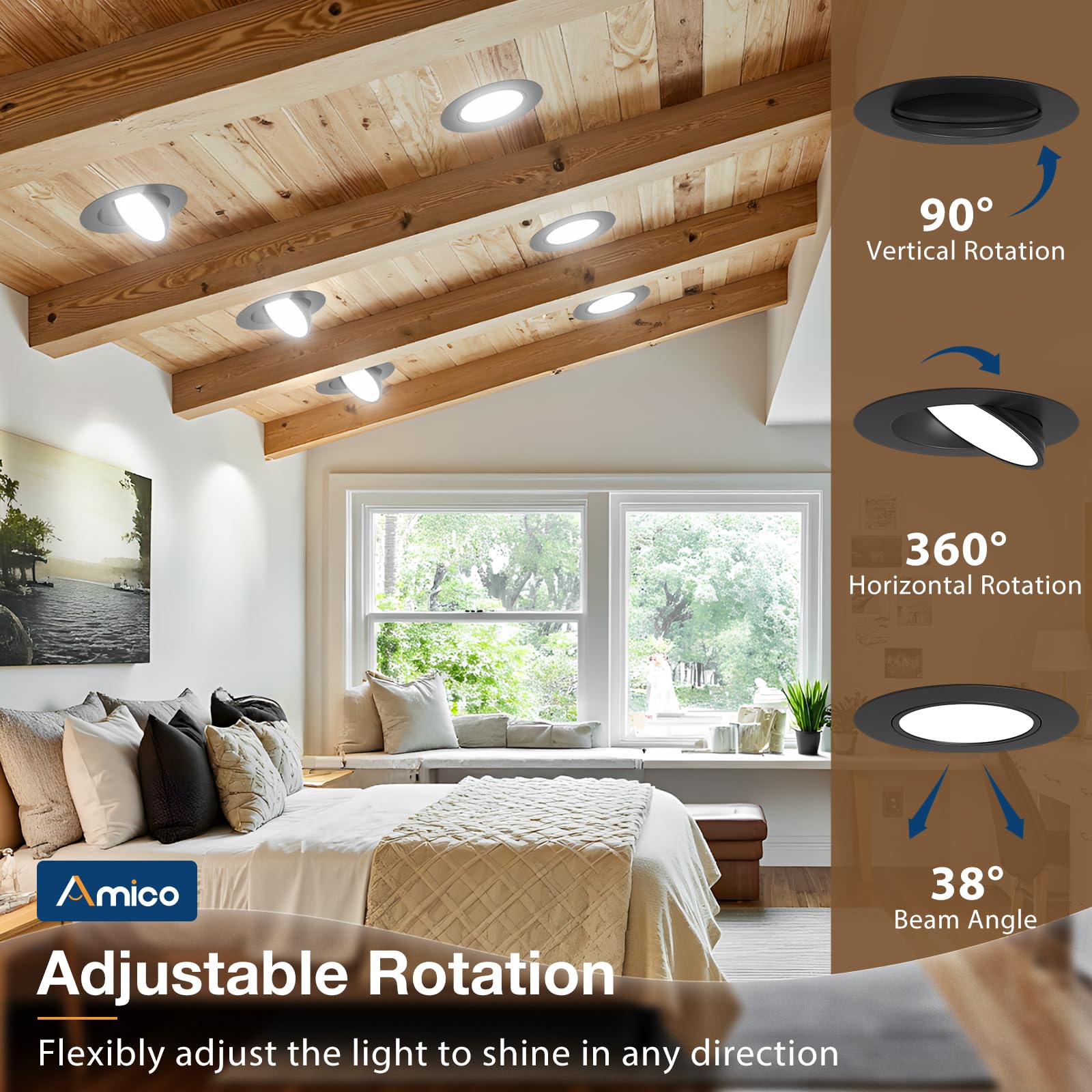 Amico 12 Pack 6 Inch 5Cct Gimbal Led Recessed Lighting  360&90Adjustable Eyeball Directional Downlight  Dimmable  2700K/3000K/3500K/4000K/5000K Selectable  12W 1200Lm Cri90+  Black  Etl&Fcc