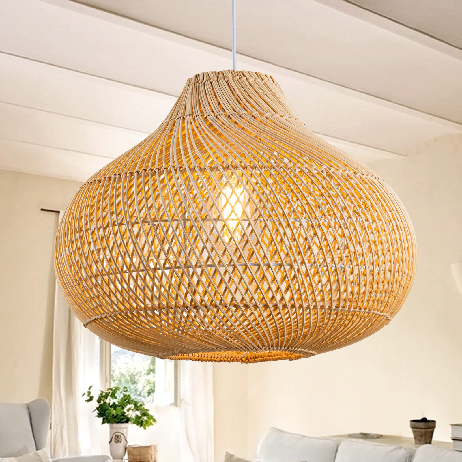 Karjearl Rattan Pendant Light - Boho Wicker Chandelier For Dining Room & Kitchen Island, Raindrop Light