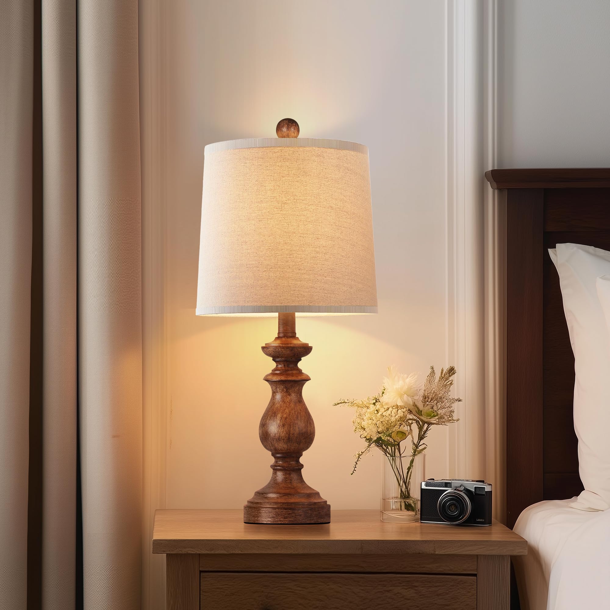 PARTPHONER Traditional Table Lamp Set of 2, 22in Bedside Desk Lamps, Rustic Wood Grain, Linen Shades, Model STR-DL-0004