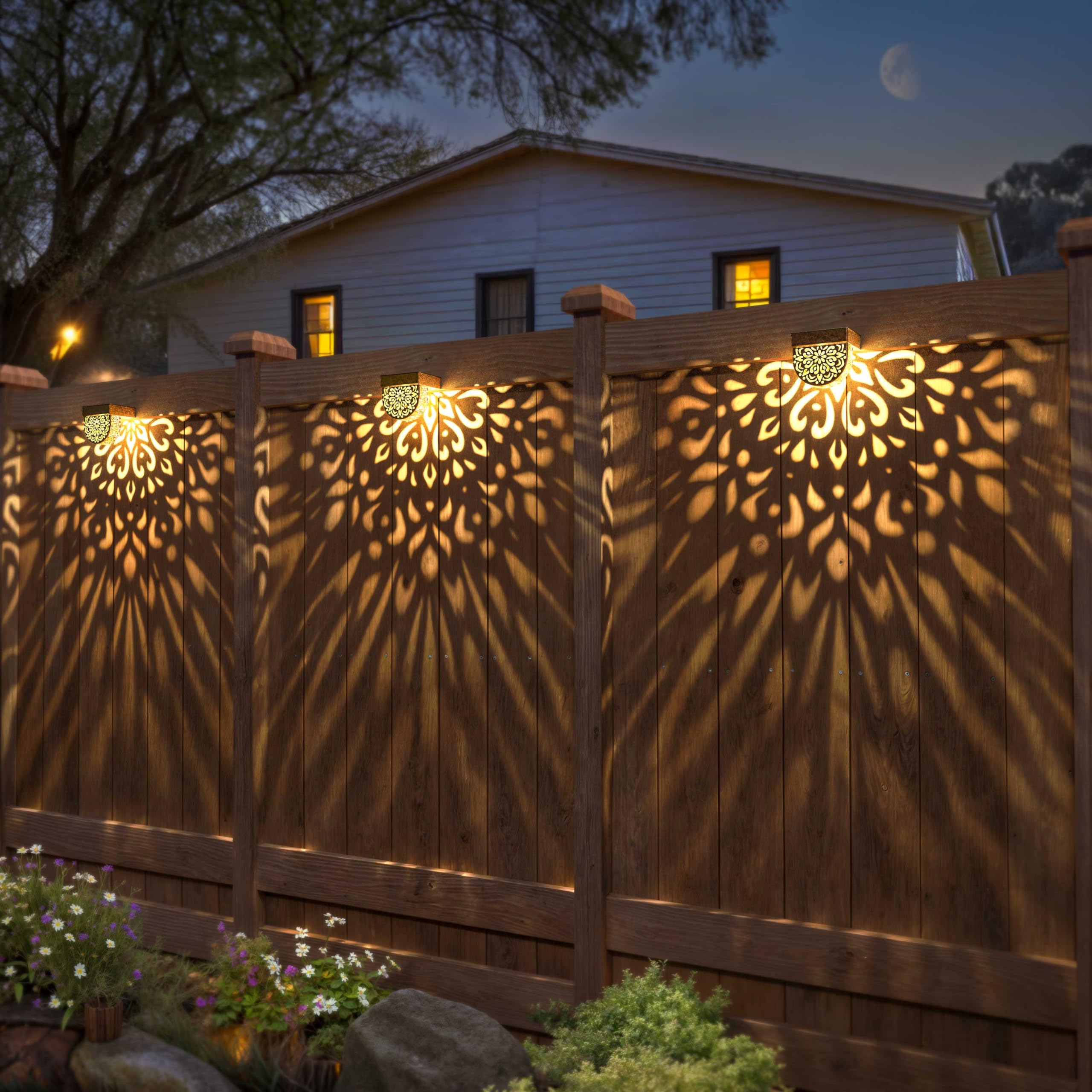 EKQ Solar Fence Lights - 6 Pack LED Waterproof Outdoor Wall Lights, Warm Yellow, Gold, Model SOLAR-123