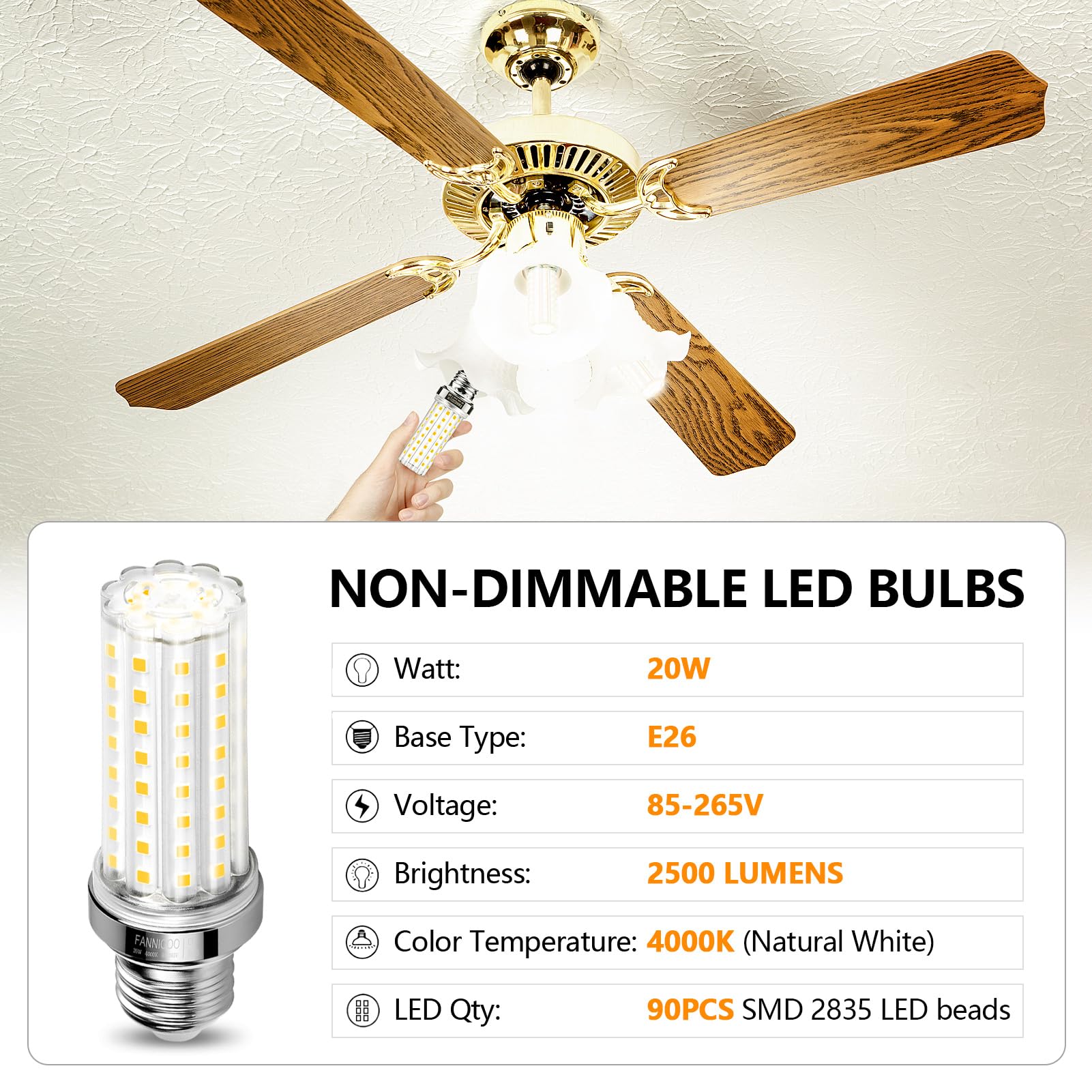 FanNicoo LED Corn Light Bulb, 150W Equivalent, 2500 Lumen, 4000K Neutral White, E26/E27 Base, Pack of 4