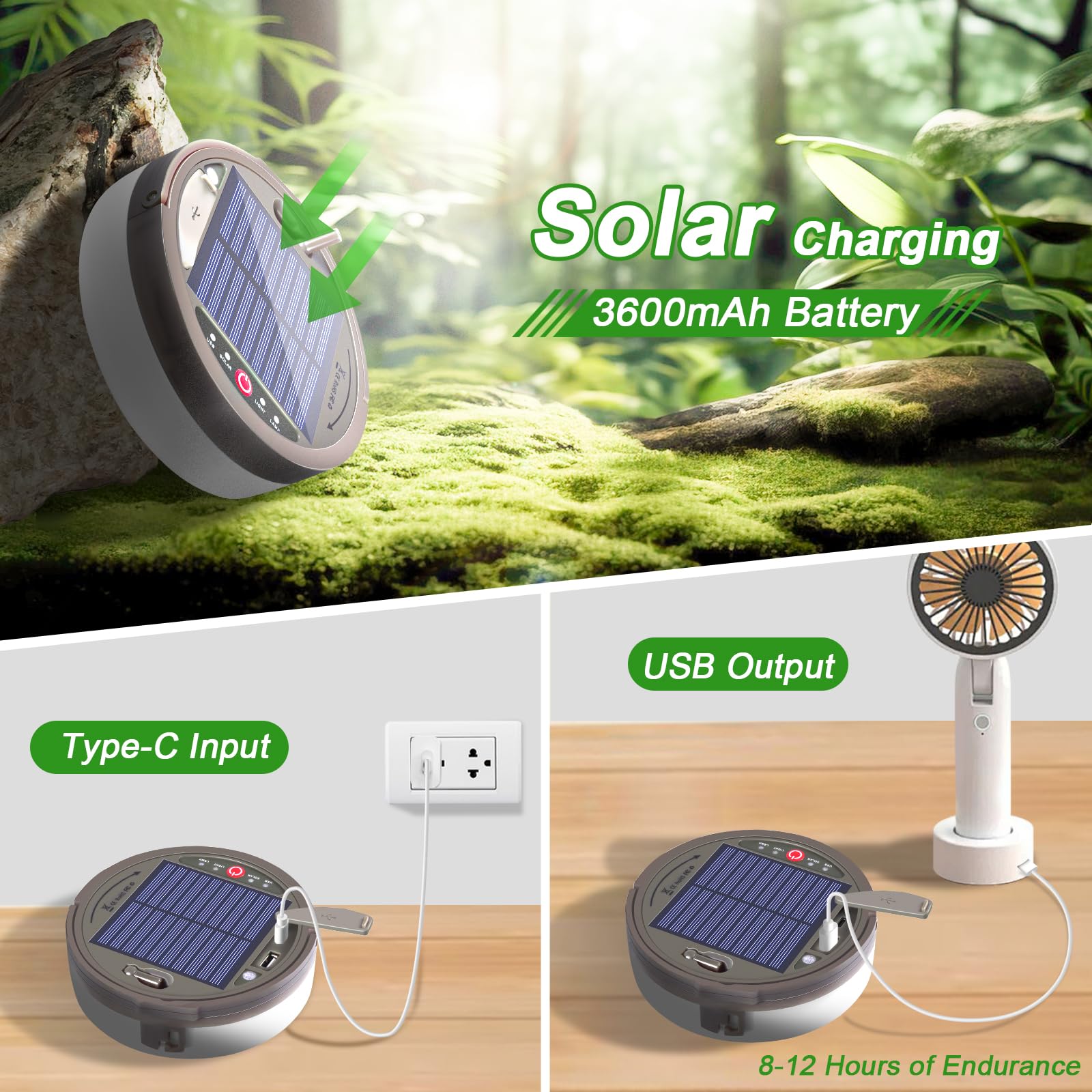 HELESIN Camping String Light - 42ft Solar/USB Rechargeable, 3600mAh, Warm White, Waterproof, 8 Lighting Modes, Portable Tent Lights