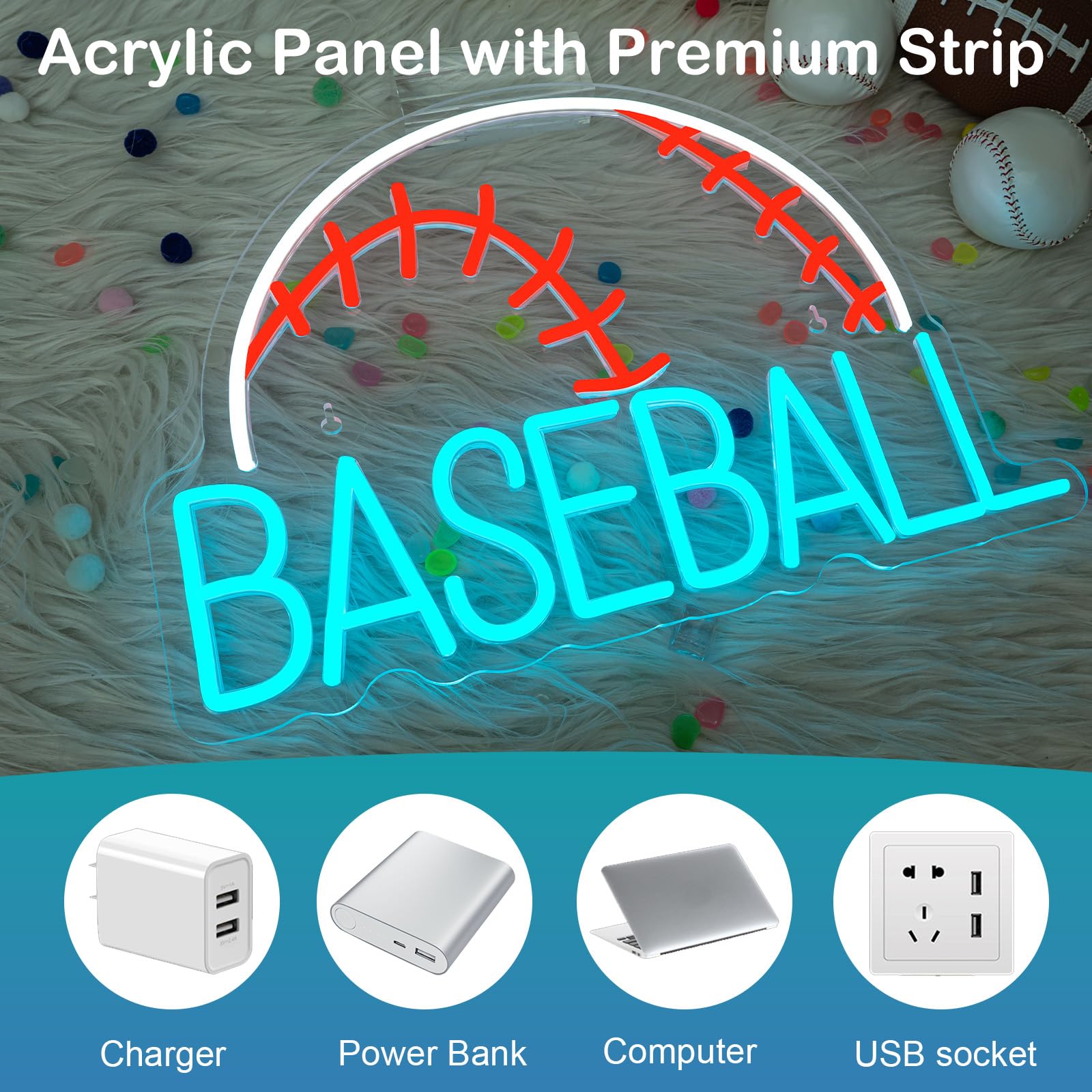 Wanxing Led Neon Baseball Sign - Blue Usb Powered Wall Decor Light For Kids, Living Room, And Shop - Stylish Red, White, And Blue Design