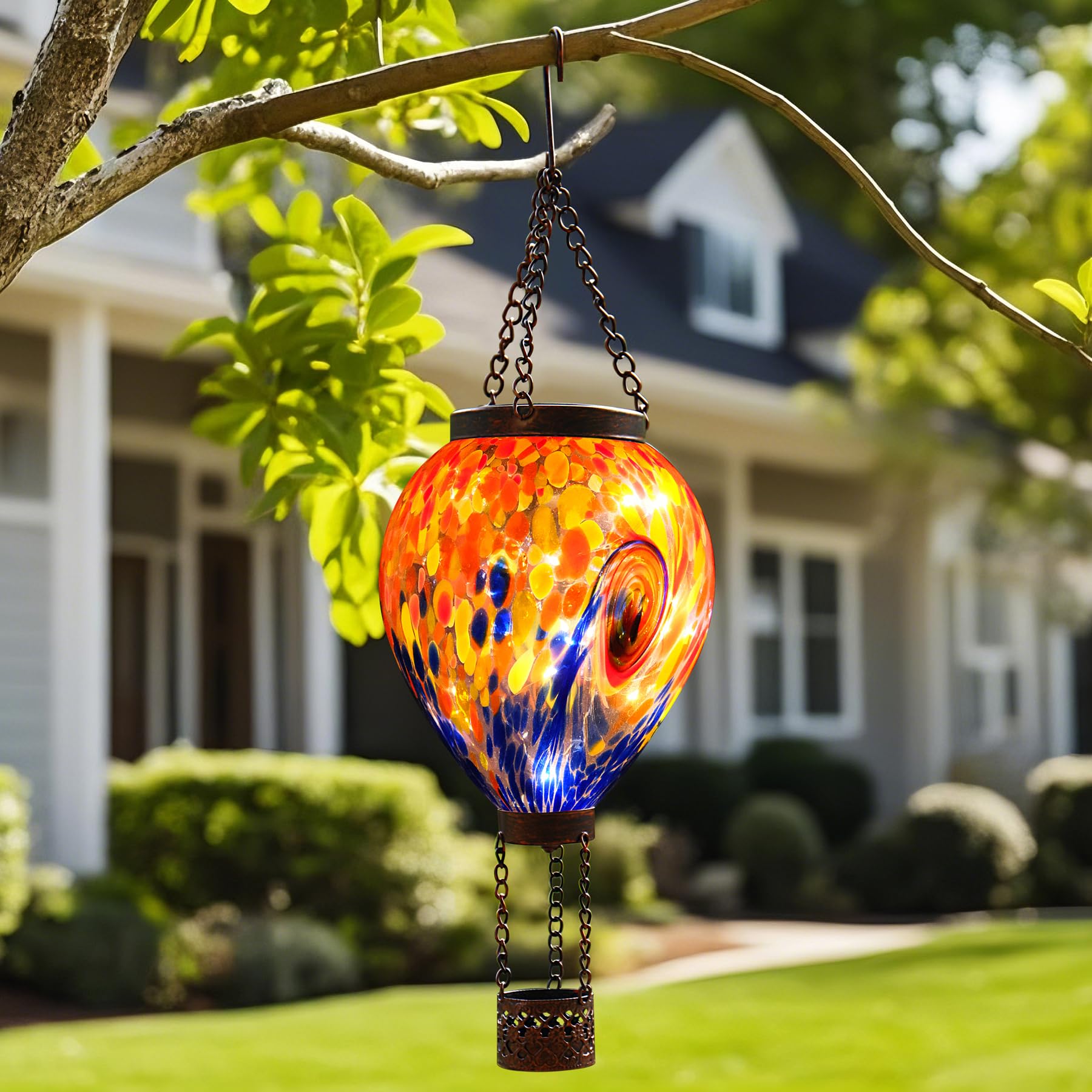Voreen Solar Hot Air Balloon Light - Hand Blown Colorful Glass Outdoor Hanging Lantern  Waterproof Decorative Garden Lighting  Gift For Mom Wife Friend Backyard Patio Decor