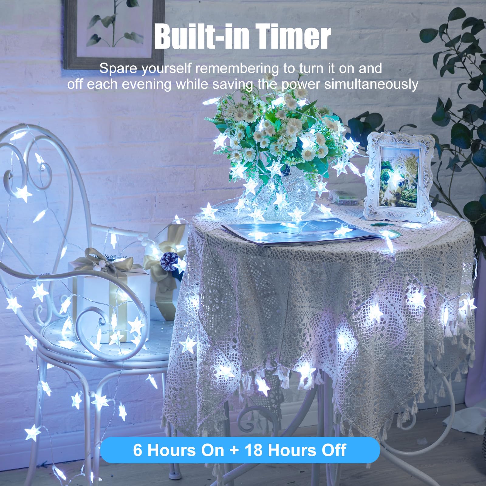 Minetom Star String Lights - 50 LED Fairy Lights, 17 ft, Battery Operated, Waterproof, 2 Pack, White