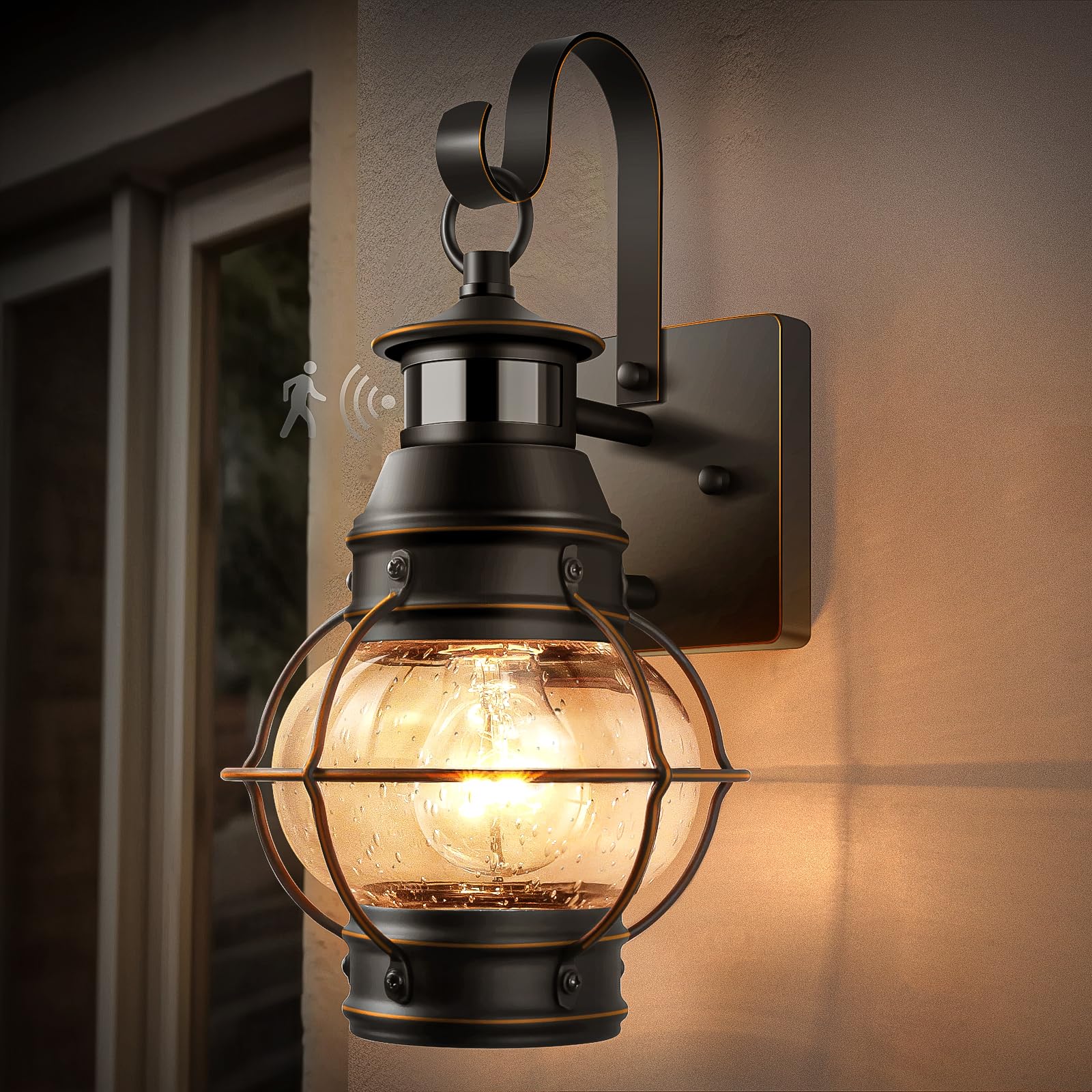 Lamomo Black with Golden Strip Outdoor Light,Exterior Front Porch Lights for House,Dusk to Dawn Motion Sensor Lights,Waterproof 