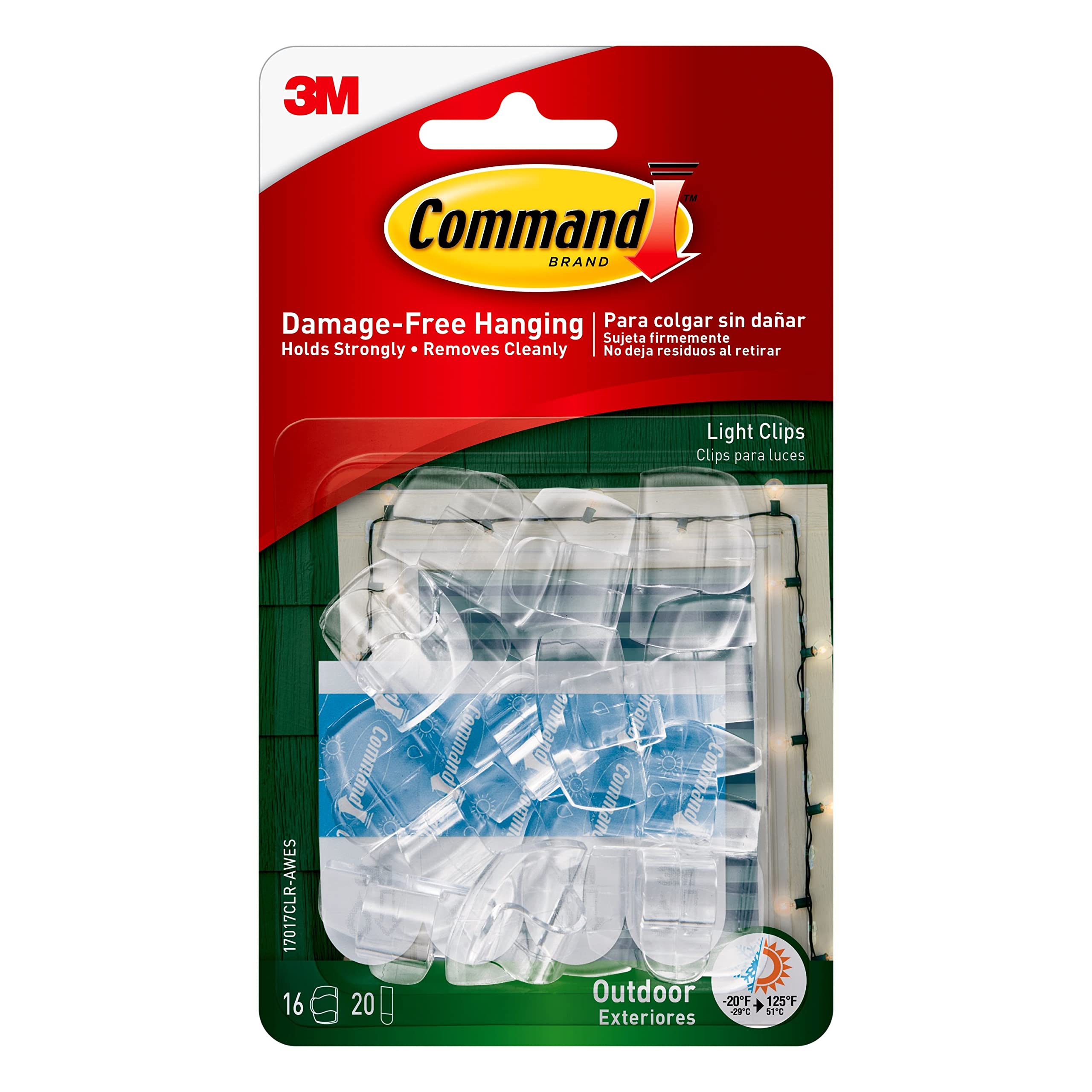 Command Outdoor Light Clips, 16 Clips, 20 Strips, Water-Resistant Adhesive (17017Clr-Awes), Clear (17017Clr-Aw-E)