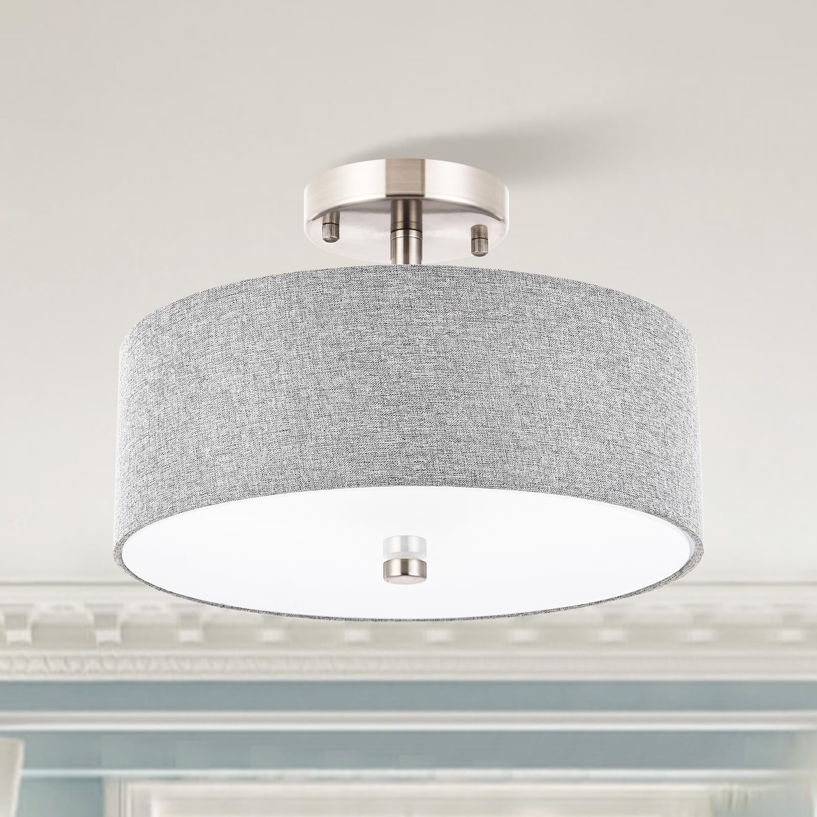 3-Light Semi Flush Mount Ceiling Light Fixture, 13" Modern Drum Light With Grey Fabric Shade, Close To Ceiling Lighting Hanging Lamps For Bedroom Living Room Dining Room Kitchen Hallway