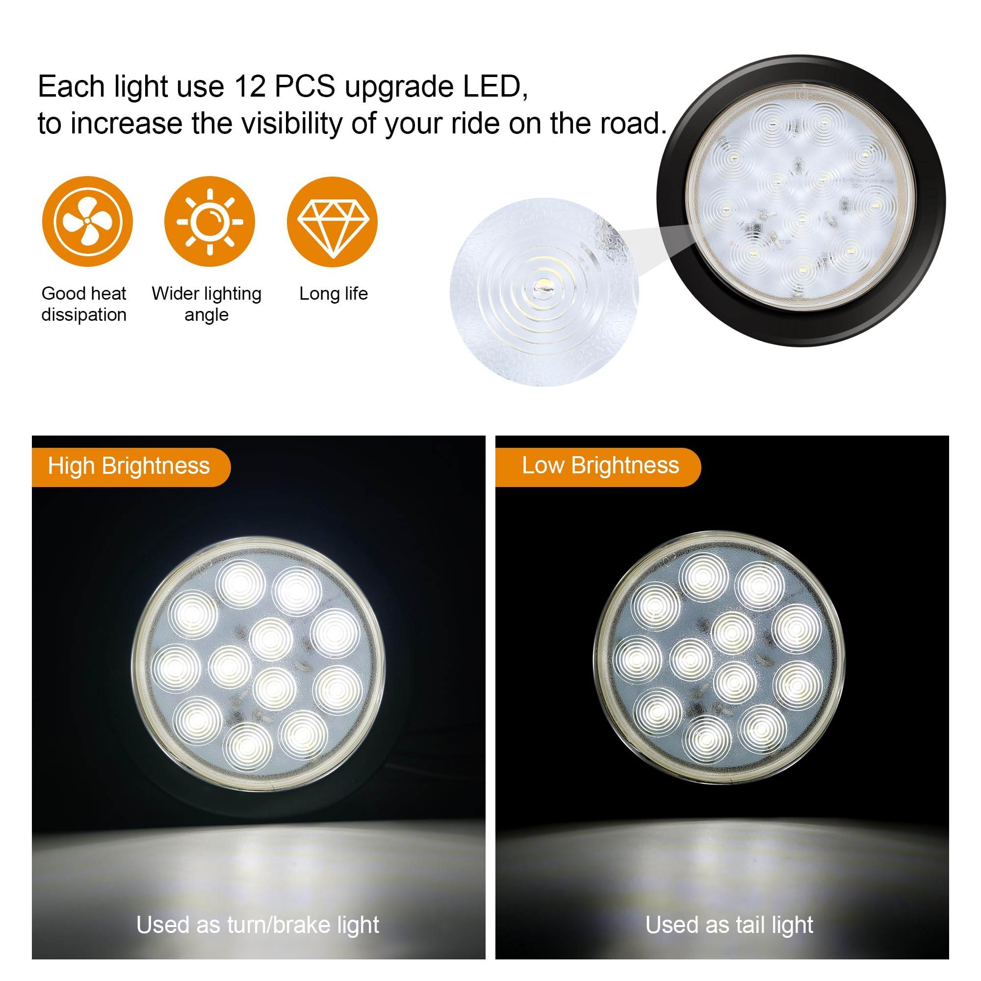 Runhwee 2Pcs 4'' Round Led Trailer Lights Kit White 12 Led Boat Marker Lights Brake Lights Stop Turn Side Utility Tail Lights Wa