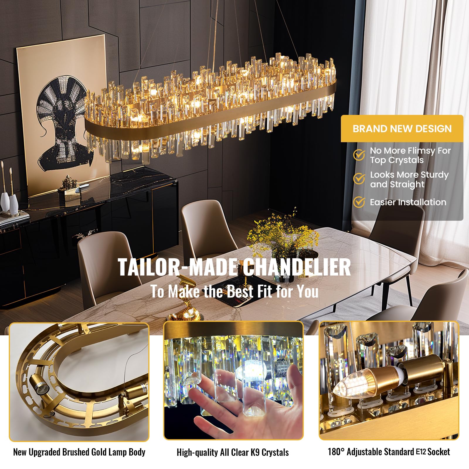 Siljoy Modern Crystal Chandeliers, Brushed Gold Rectangle Crystal Chandelier Light Fixture, Luxury Raindrop Pendant Ceiling Ligh