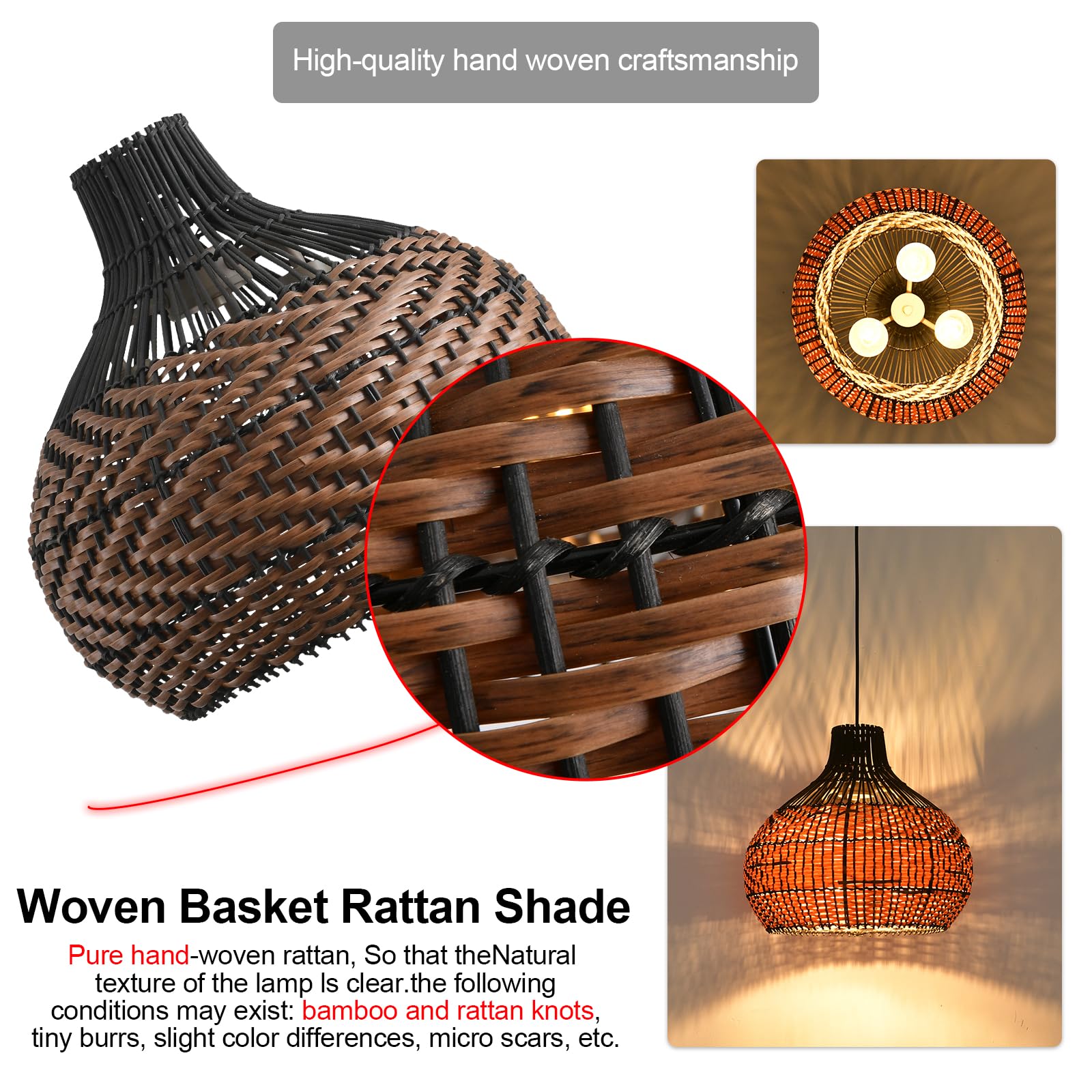 Teru Ji Kaikang 15" Rattan Pendant Light, 3-Light Hand-Woven Boho Chandelier, Black Brown Faux Rattan for Living Room, Kitchen, Dining