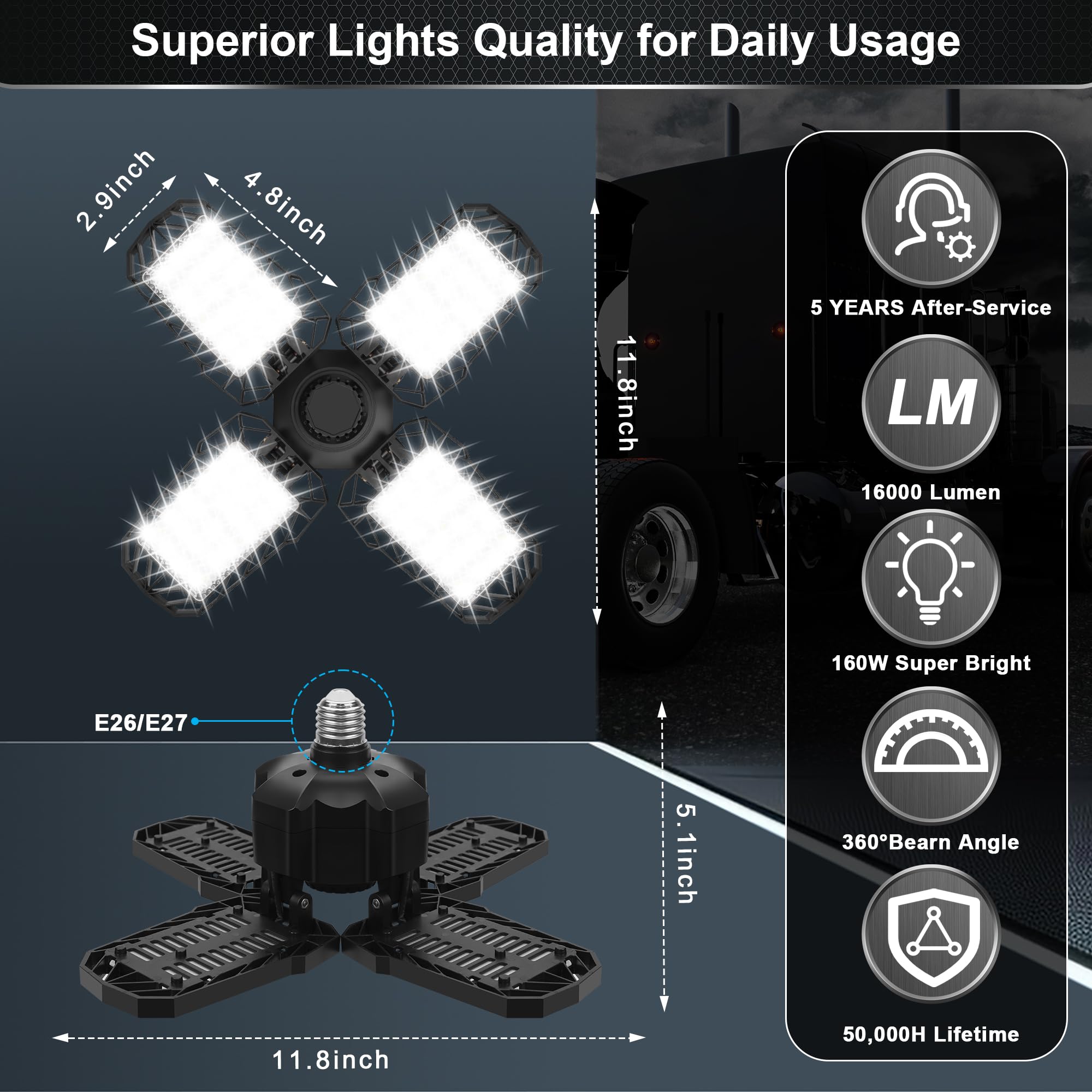 AUDLES 4 Pack LED Garage Light, 150W 15000LM, E26/E27 Socket, Deformable Panels, White/Black