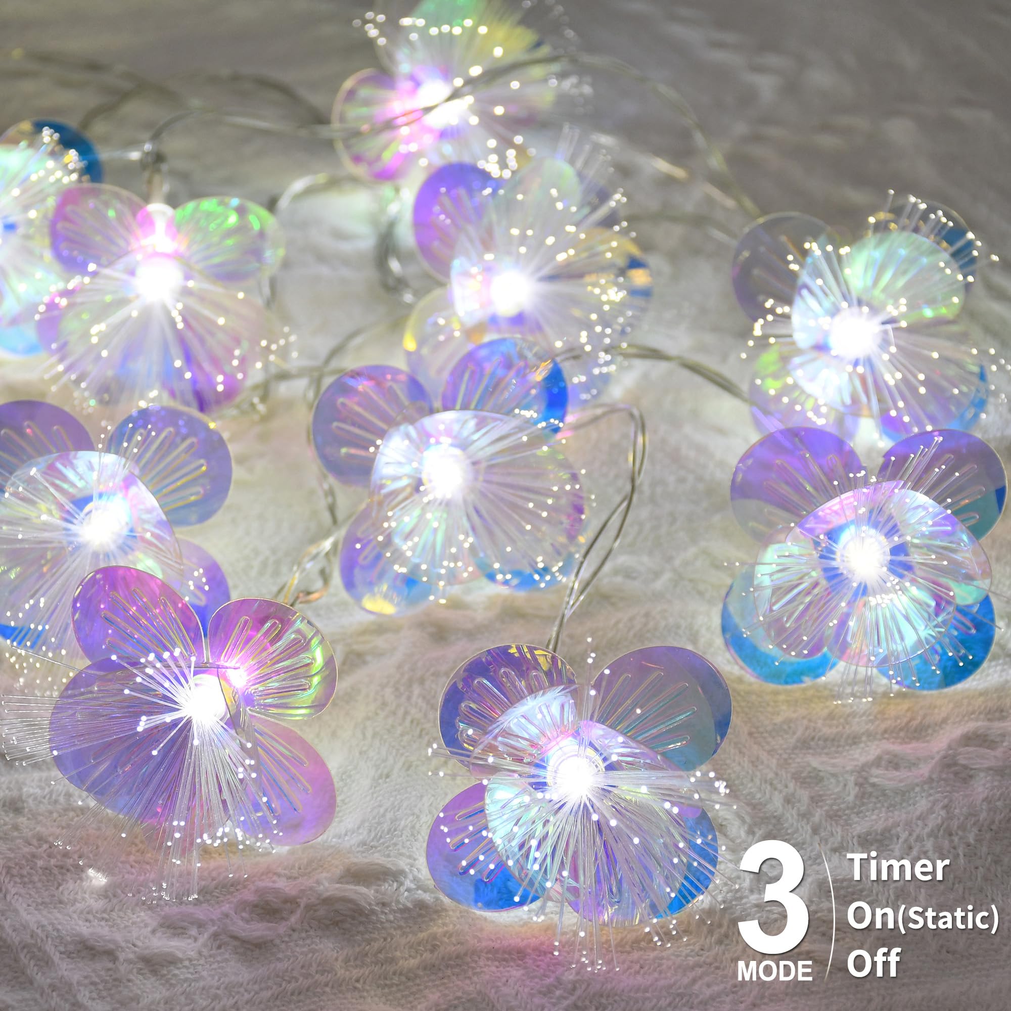 YOLIGHT Fiber Optic Flower String Lights, 10 LED, 6.5ft, Battery Operated, White, Model YL-BA-GX